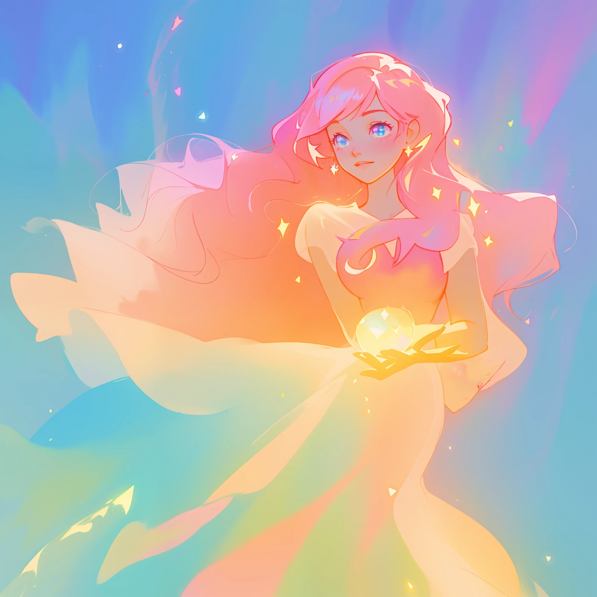 beautiful girl in colorful ballgown, long wavy peach pink hair, vibrant pastel colors, (colorful), colorful watercolor background, ethereal, magical lights, sparkling liquid light, inspired by Glen Keane, inspired by Lois van Baarle, disney art style, by Lois van Baarle, glowing aura around her, by Glen Keane, jen bartel, glowing lights! digital painting, flowing glowing hair, glowing flowing hair, beautiful digital illustration, fantasia background, whimsical, magical, fantasy, beautiful face, ((masterpiece, best quality)), intricate details, highly detailed, sharp focus, 8k resolution, sparkling detailed eyes, liquid watercolor