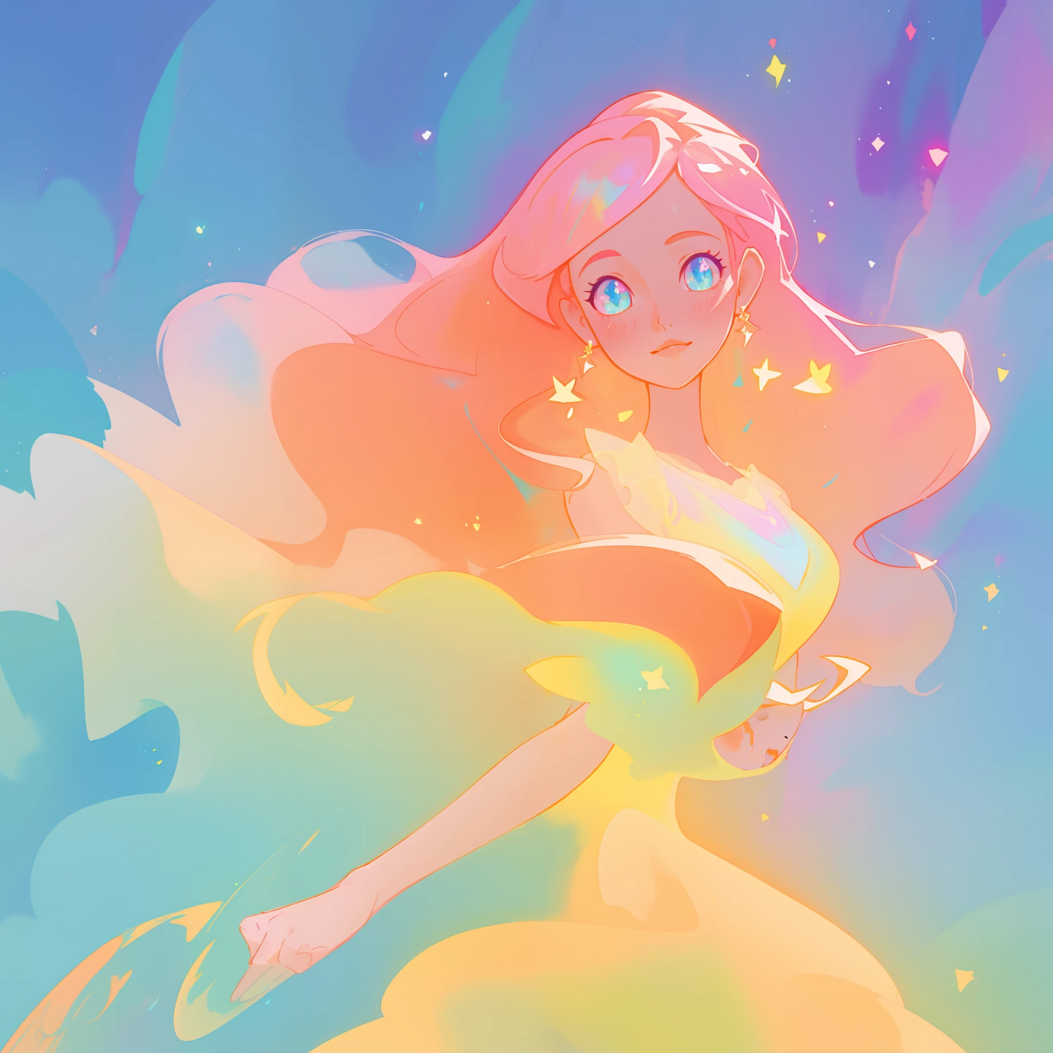 beautiful girl in colorful ballgown, long wavy peach pink hair, vibrant pastel colors, (colorful), colorful watercolor background, ethereal, magical lights, sparkling liquid light, inspired by Glen Keane, inspired by Lois van Baarle, disney art style, by Lois van Baarle, glowing aura around her, by Glen Keane, jen bartel, glowing lights! digital painting, flowing glowing hair, glowing flowing hair, beautiful digital illustration, fantasia background, whimsical, magical, fantasy, beautiful face, ((masterpiece, best quality)), intricate details, highly detailed, sharp focus, 8k resolution, sparkling detailed eyes, liquid watercolor