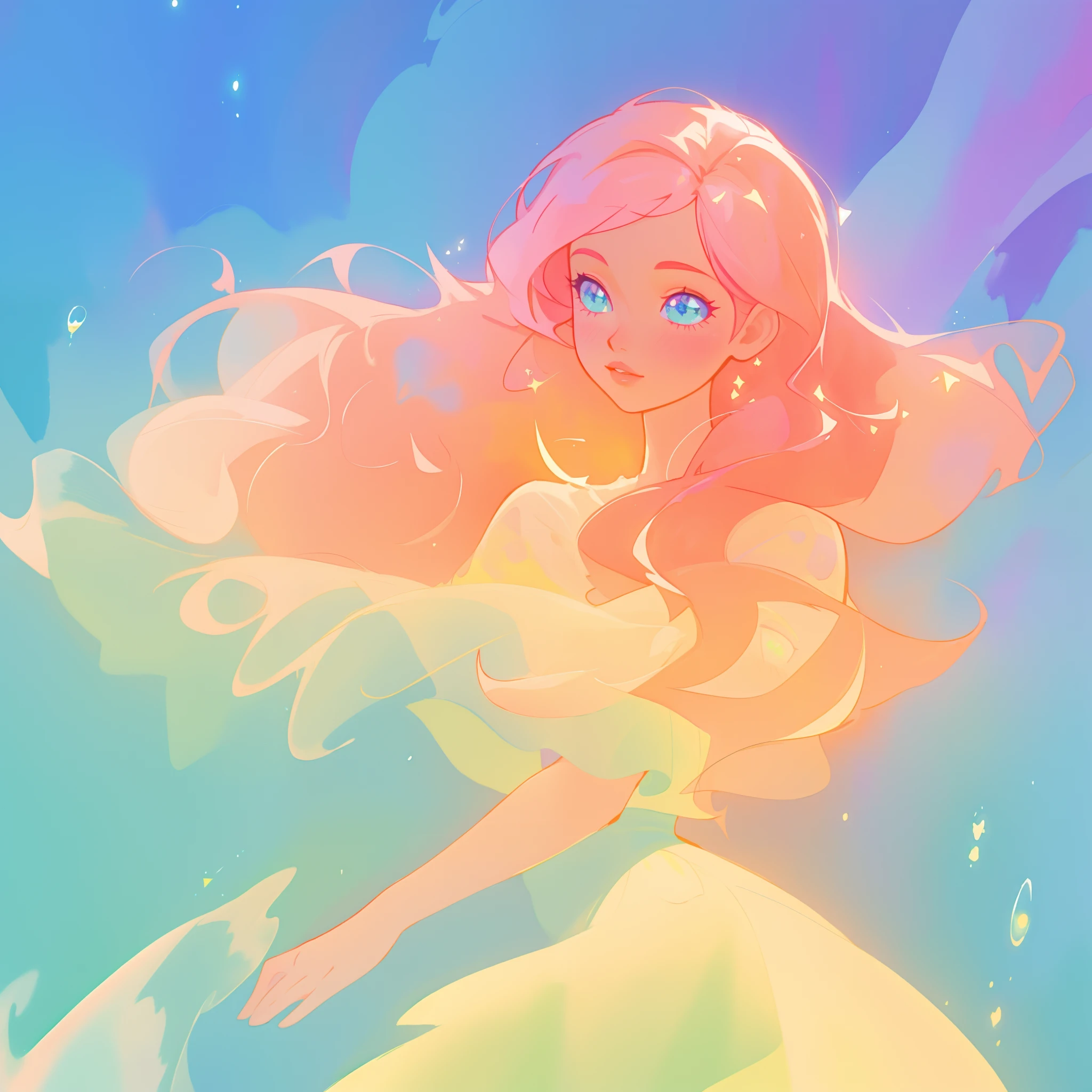 beautiful girl in colorful ballgown, long wavy peach pink hair, vibrant pastel colors, (colorful), colorful watercolor background, ethereal, magical lights, sparkling liquid light, inspired by Glen Keane, inspired by Lois van Baarle, disney art style, by Lois van Baarle, glowing aura around her, by Glen Keane, jen bartel, glowing lights! digital painting, flowing glowing hair, glowing flowing hair, beautiful digital illustration, fantasia background, whimsical, magical, fantasy, beautiful face, ((masterpiece, best quality)), intricate details, highly detailed, sharp focus, 8k resolution, sparkling detailed eyes, liquid watercolor