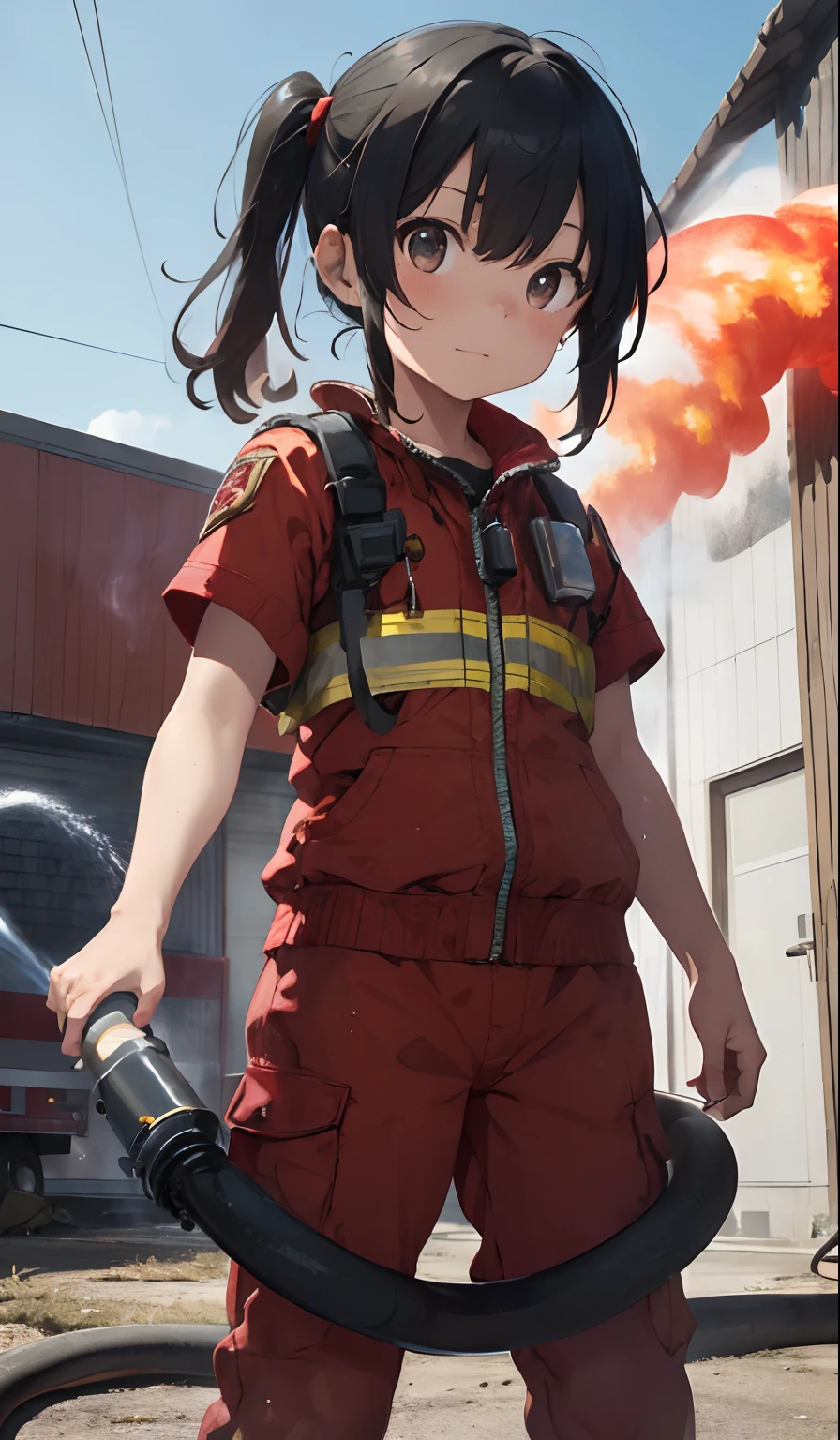 (Firefighter's clothing、orange clothes、shorts:1.3)、、Cute  girl、12 year old girl