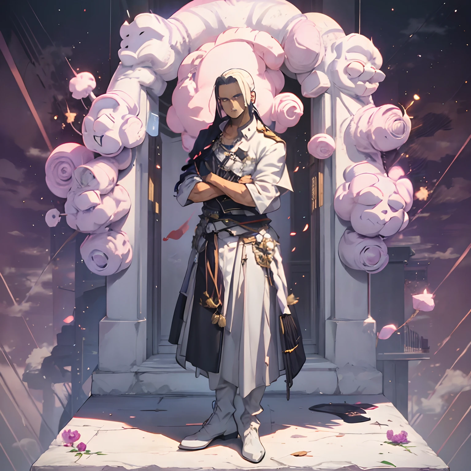 Tall man, glowing purple eyes, arms crossed, wearing a white cloak with a white full-body attire, all white clothing, golden insignia on clothes, arrow symbol on shirt, white boots, white gloves, long red hair, beautiful, handsome, muscular, detailed, muscular male, tall, perfect quality, standing in a cloudy dimension, purple flower on chest