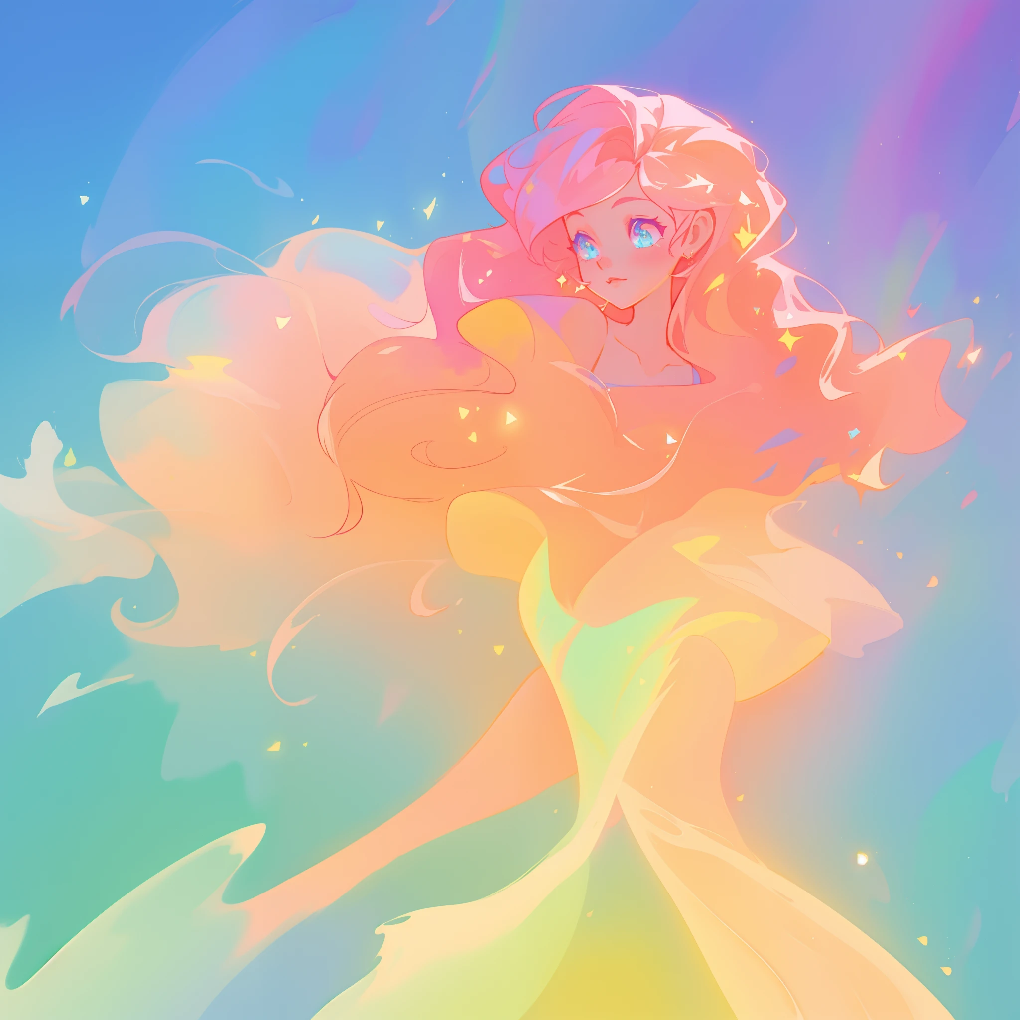 beautiful girl in colorful ballgown, long wavy peach pink hair, vibrant pastel colors, (colorful), colorful watercolor background, ethereal, magical lights, sparkling liquid light, inspired by Glen Keane, inspired by Lois van Baarle, disney art style, by Lois van Baarle, glowing aura around her, by Glen Keane, jen bartel, glowing lights! digital painting, flowing glowing hair, glowing flowing hair, beautiful digital illustration, fantasia background, whimsical, magical, fantasy, beautiful face, ((masterpiece, best quality)), intricate details, highly detailed, sharp focus, 8k resolution, sparkling detailed eyes, liquid watercolor