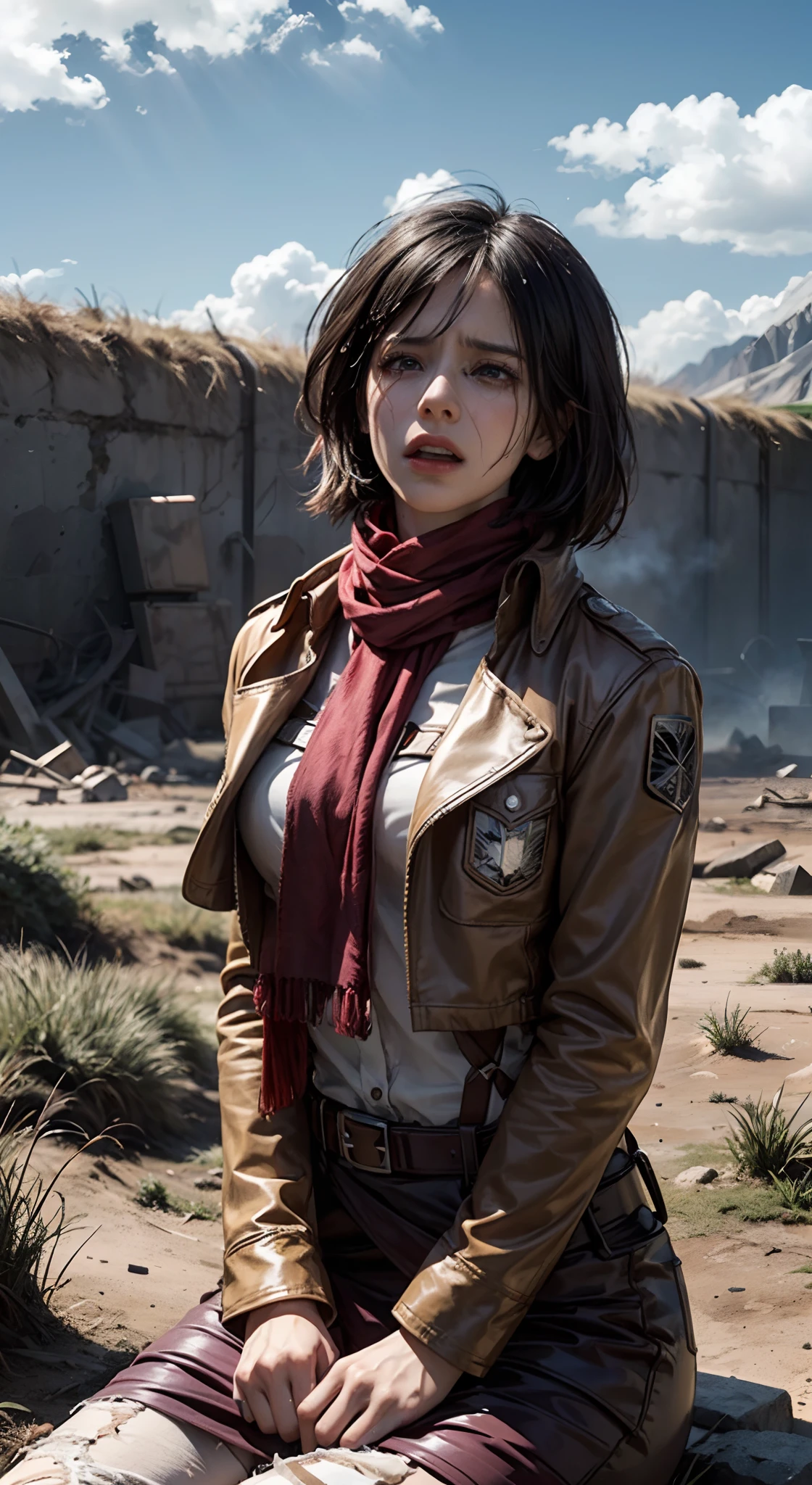 (masterpiece), (hyper realistic), Attack on Titan, 1girl, Mikasa Ackerman, Sitting resignedly on the ground looking up at the sky, Screaming crying, sadness, Tears, Wet cheeks full of tears, A maroon scarf around his neck, Loneliness, Lost, dinamic lighting, Grassland background