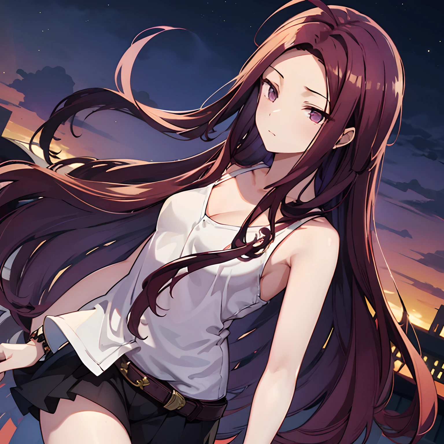 Long straight hair, brown red hair, wanderer clothing, moon theme belt, purple eyes, a little bag on left, ahoge, girl, small breasts, 18 years old, right arm on wrist, no skin shows other than arms and hands and head, transgender