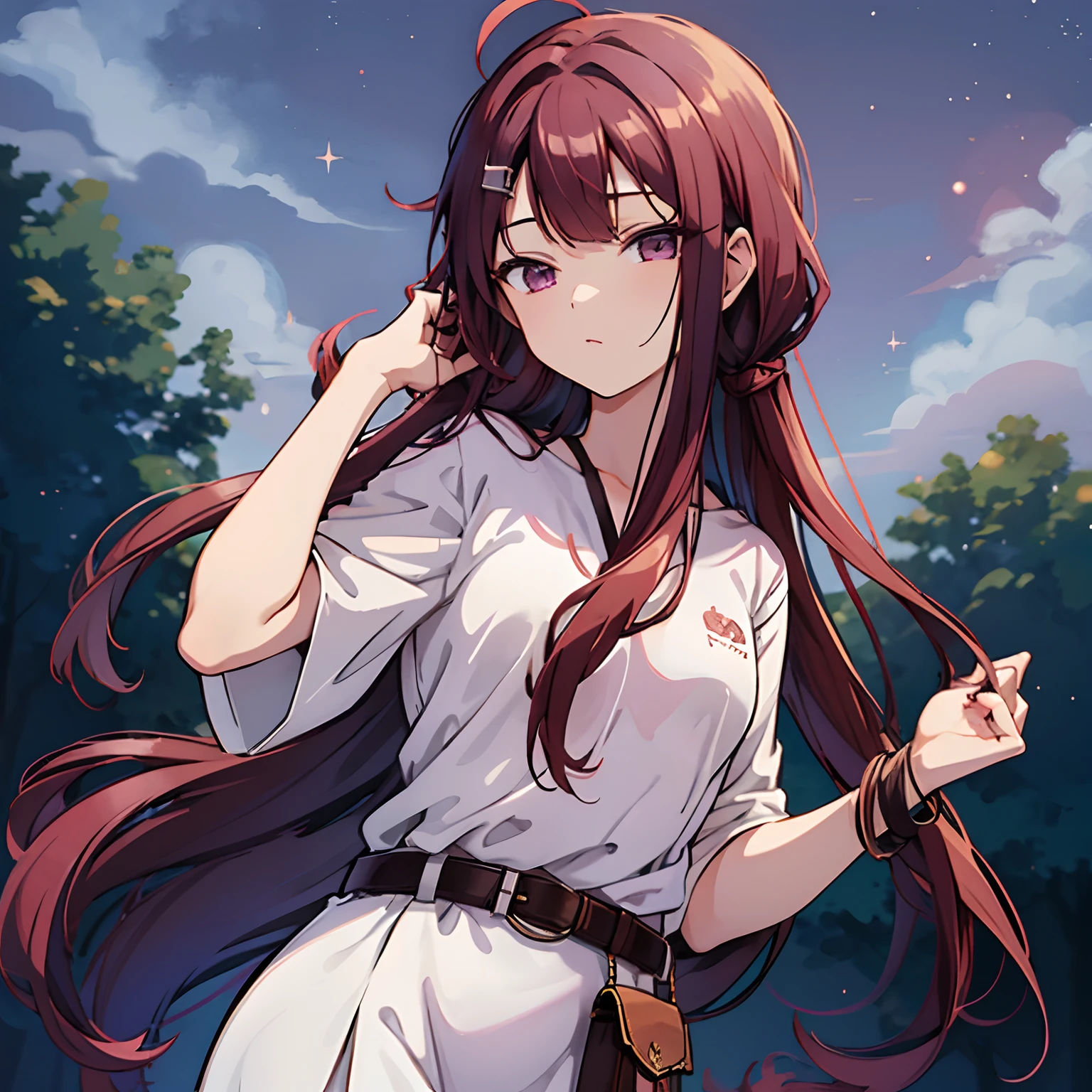 Long straight hair, brown red hair, wanderer clothing, moon theme belt, purple eyes, a little bag on left, ahoge, girl, small breasts, 18 years old, right arm on wrist, no skin shows other than arms and hands and head, transgender