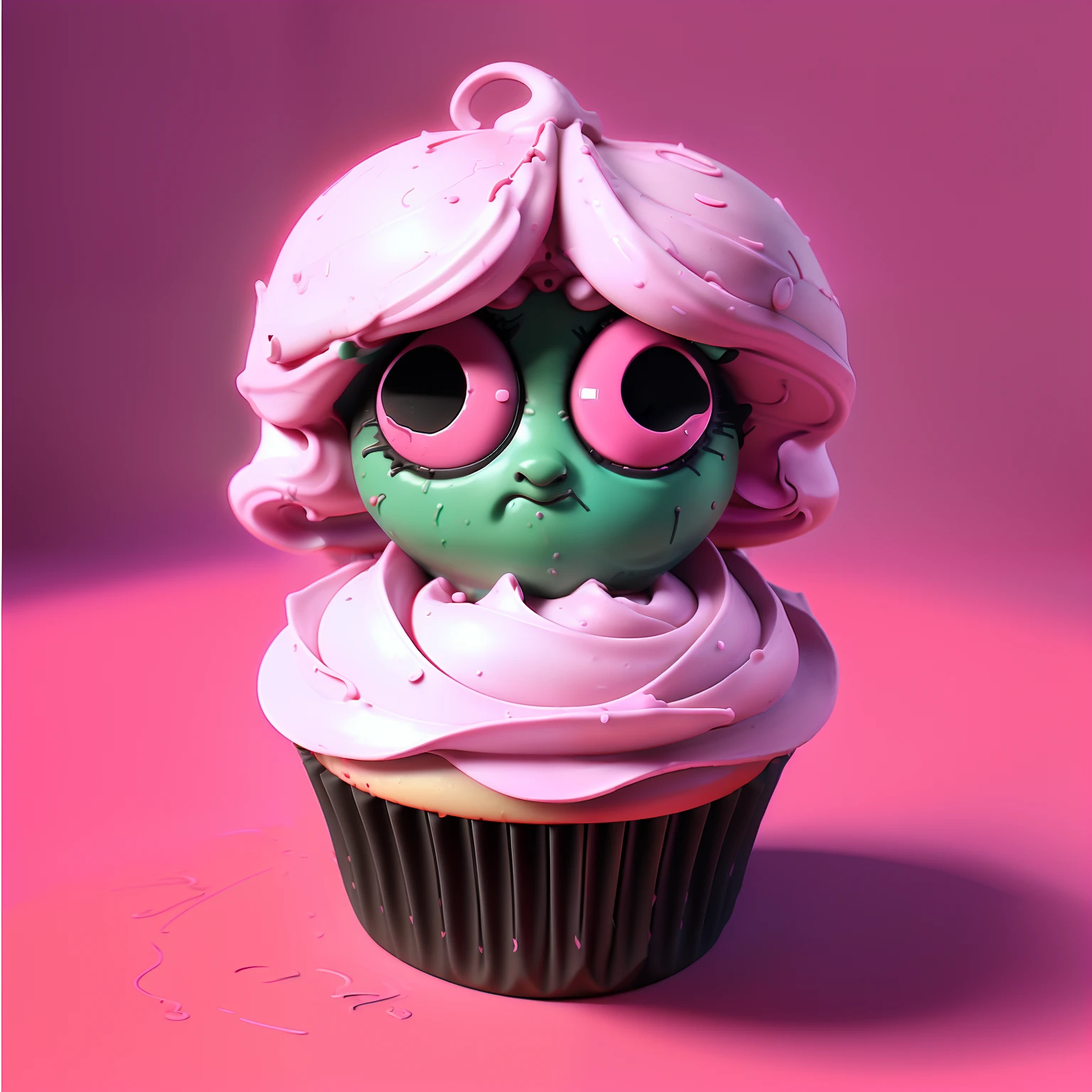 (best quality,highres,ultra-detailed,realistic:1.2),strawberry cupcake with eyes,rapper look,playful expression,edgy,cool,trendy,urban style,colorful,stylized shading,hip hop vibe,vibrant colors,pink background,rich texture,delicious frosting,urban art,graffiti elements,street art,attention-grabbing.