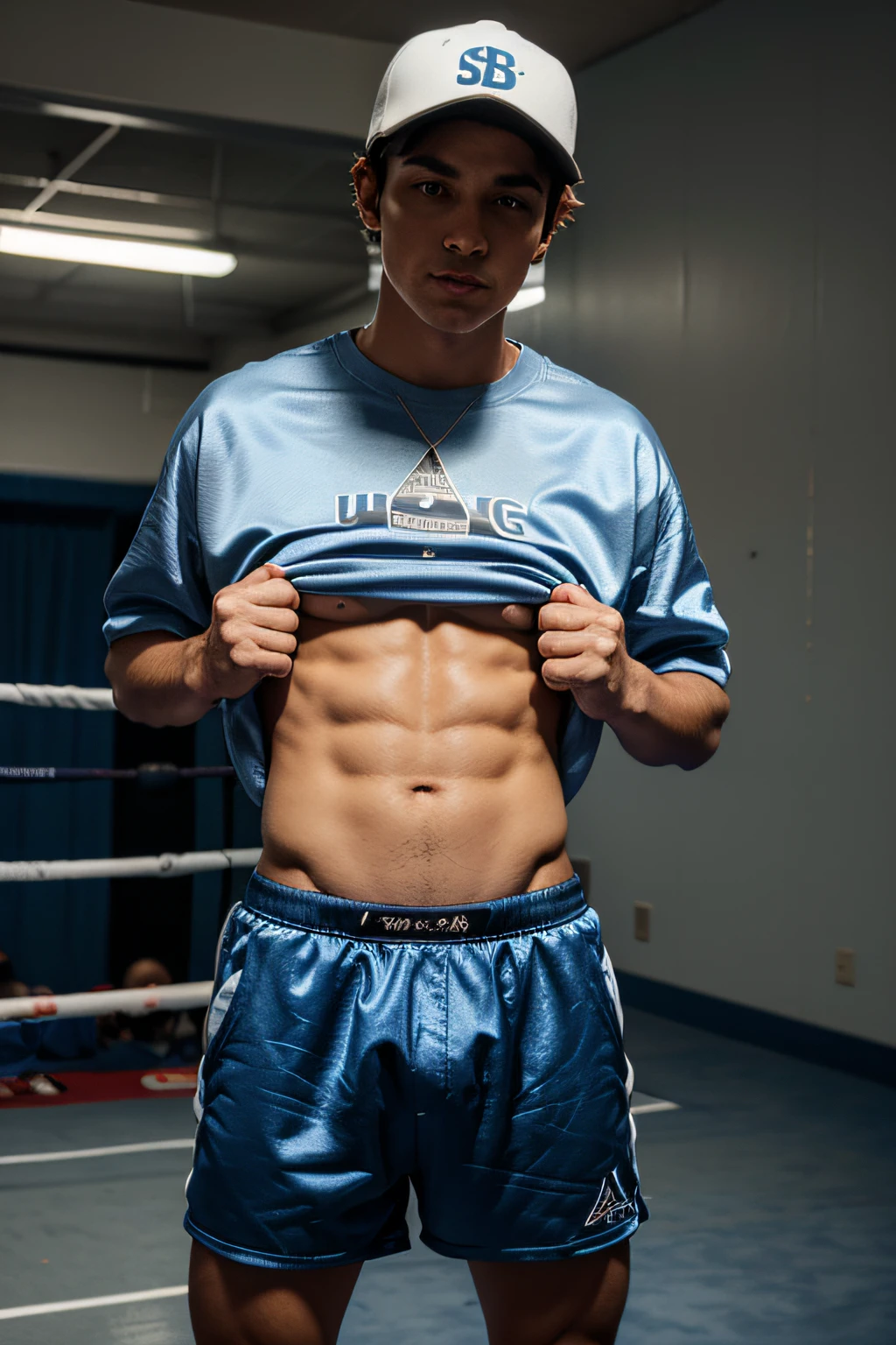 A nervous young man in a backwards baseball cap, baggy sweatshirt and blue satin boxing trunks with white trim