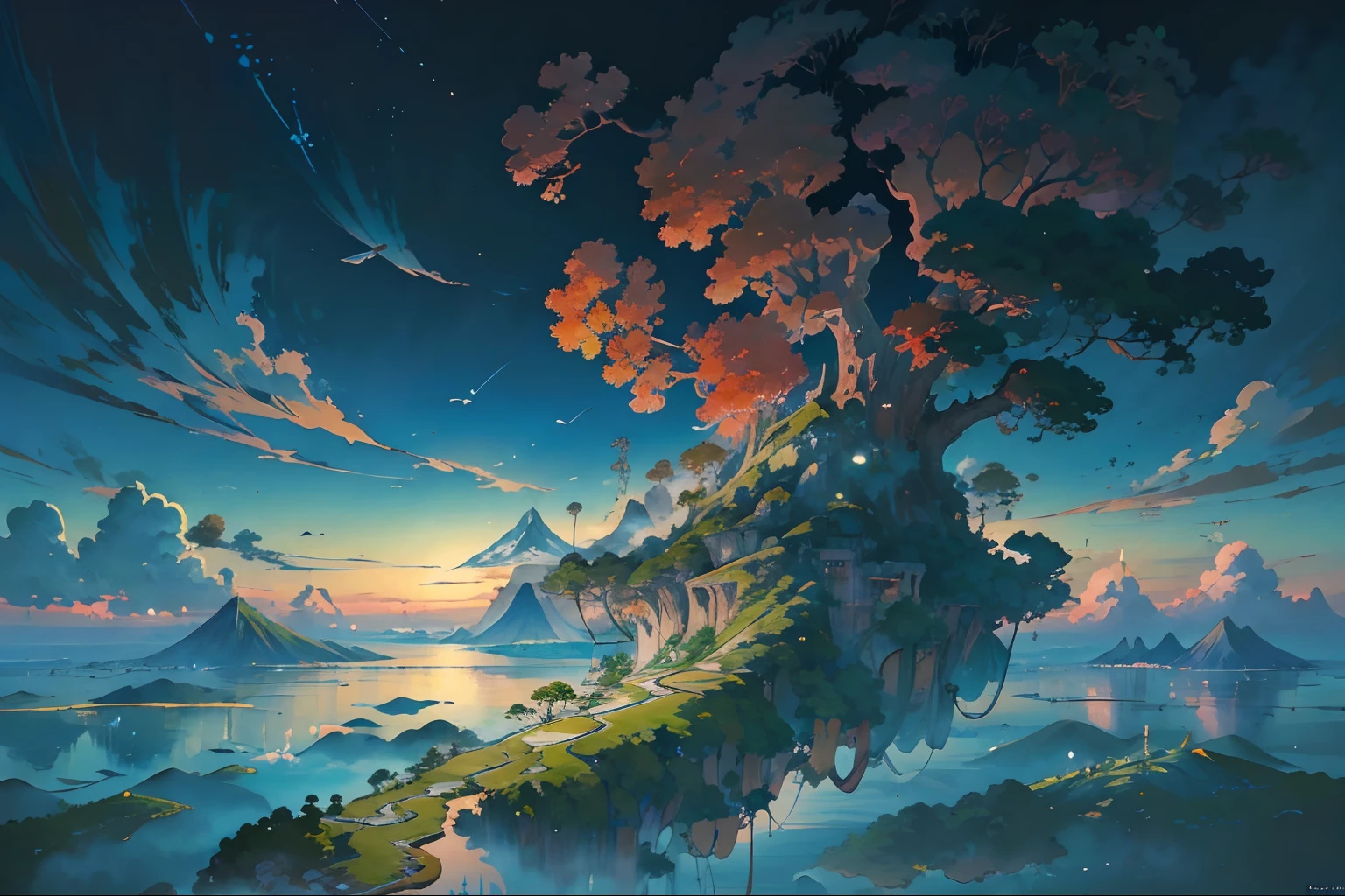 ((a picture of a picture of a floating island with a giant tree)), (floating island in the sky), floating and flying island, island floating in the sky, flying island in the sky, floating island, anime nature wallpap, ross tran. scenic background, anime nature, beautiful anime scenery, floating city in the sky, flying island, beautiful anime scene, anime scenery