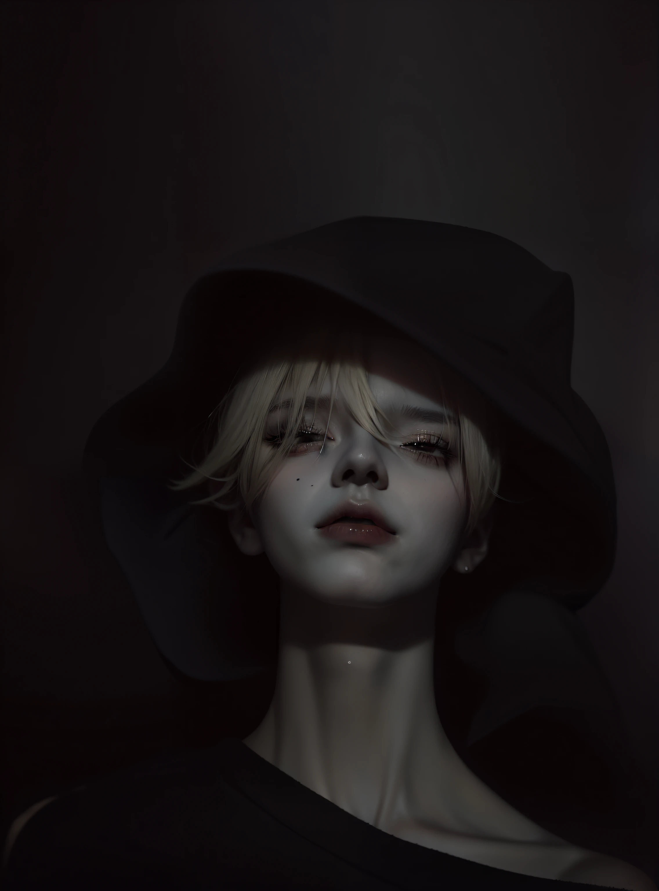 Blonde woman in black shirt and on black background looking up, androgynous face, inspired by Elsa Bleda, Creepy Self-Portrait, cai xukun, Inspired by Jongseok Lee, угрюмое, dim lighting, very very low quality picture, Dark Portrait, Blurred face, Thin face of a boy, dark aesthetic, Gloomy and gloomy aesthetics, distorted photo, Blurred face, Androgyne