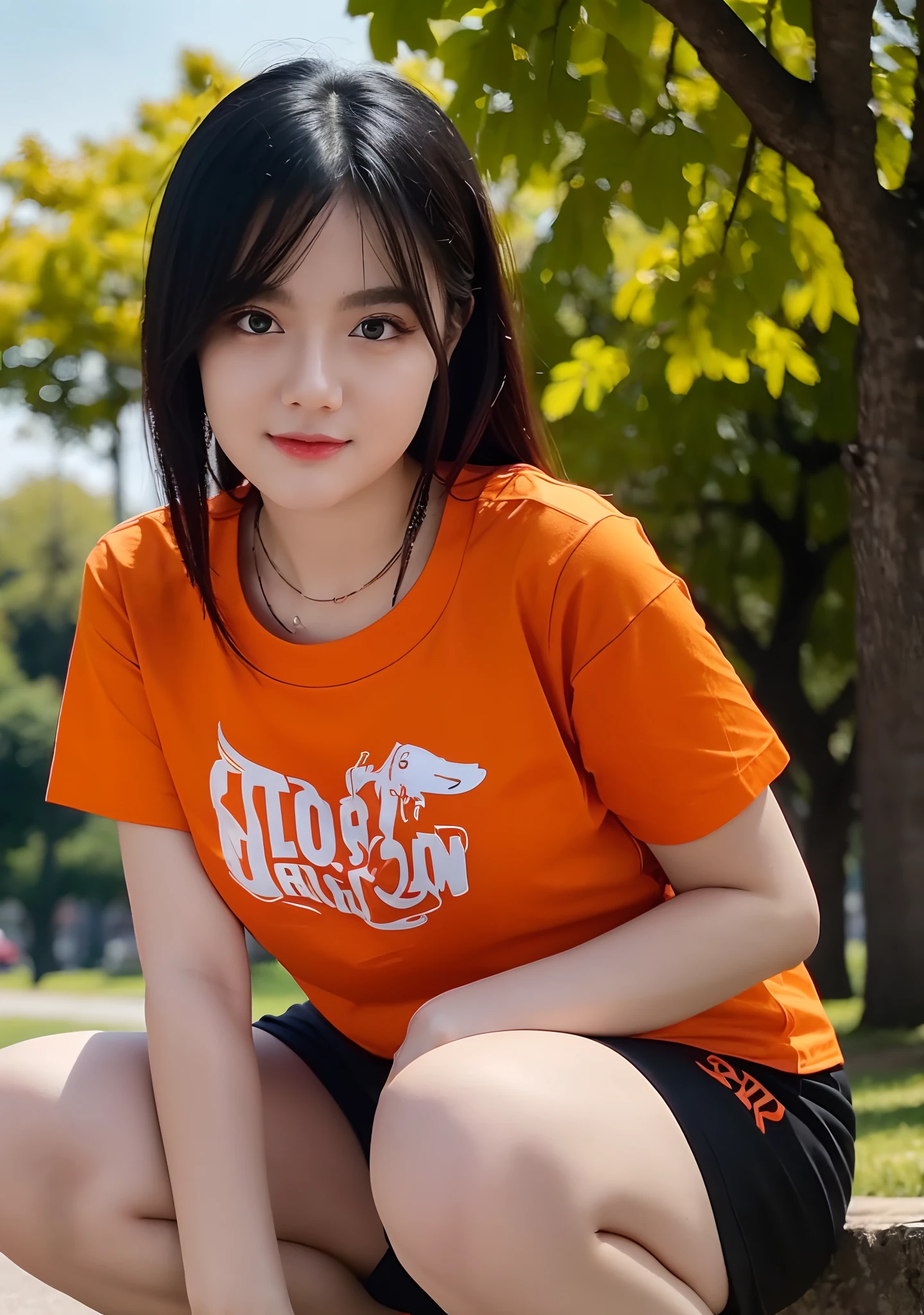 Masterpiece, best photo, best quality, high quality, 8K, UHD, a beautiful girl wearing a orange gaming team t-shirt, shorts, short blue, (looking viewrs), blurred background, f/1.2, thigh, watch hand, black hair, shiny hair, white skin, in the park, sunlight,