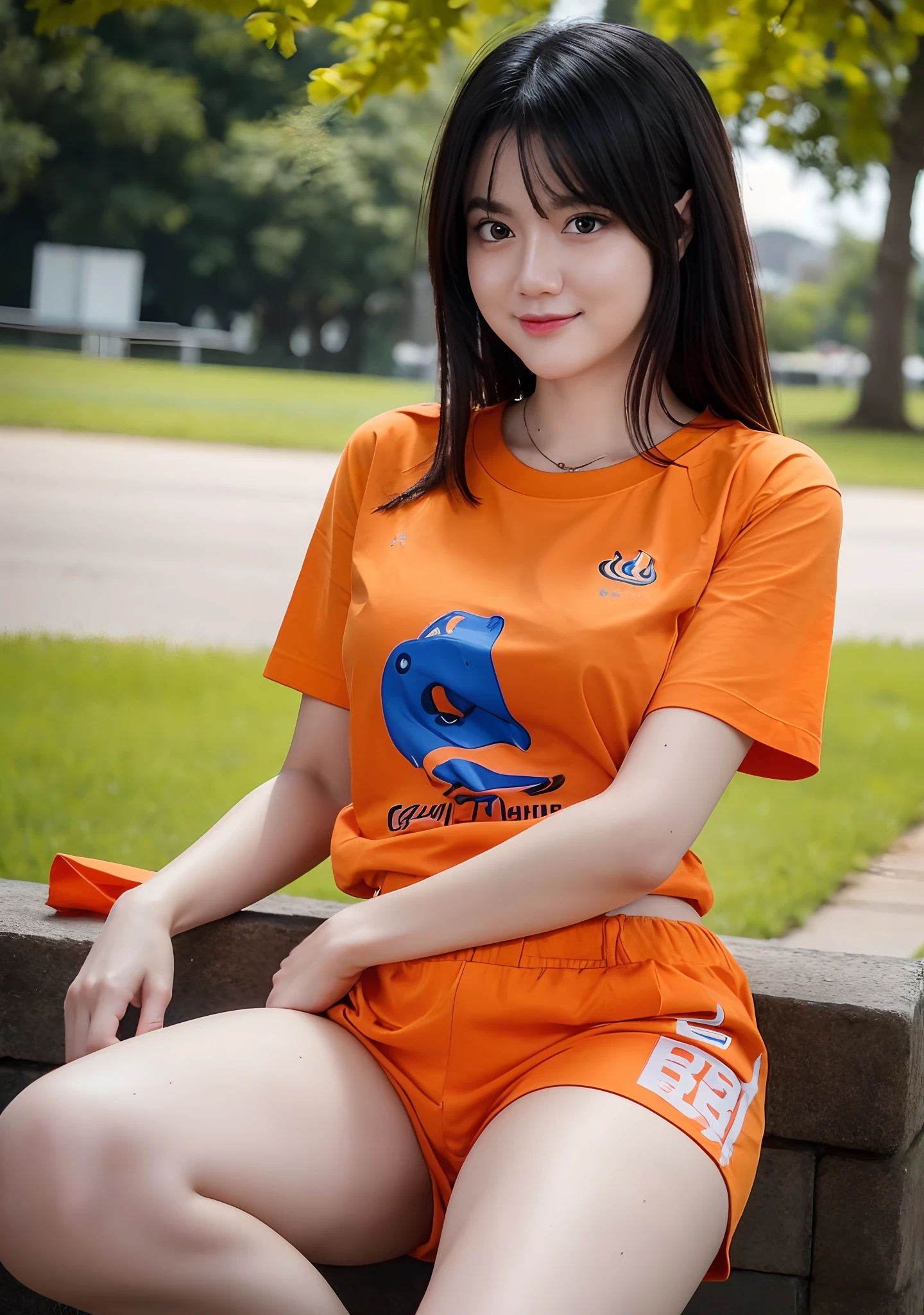 Masterpiece, best photo, best quality, high quality, 8K, UHD, a beautiful girl wearing a orange gaming team t-shirt, shorts, short blue, (looking viewrs), blurred background, f/1.2, thigh, watch hand, black hair, shiny hair, white skin, in the park,