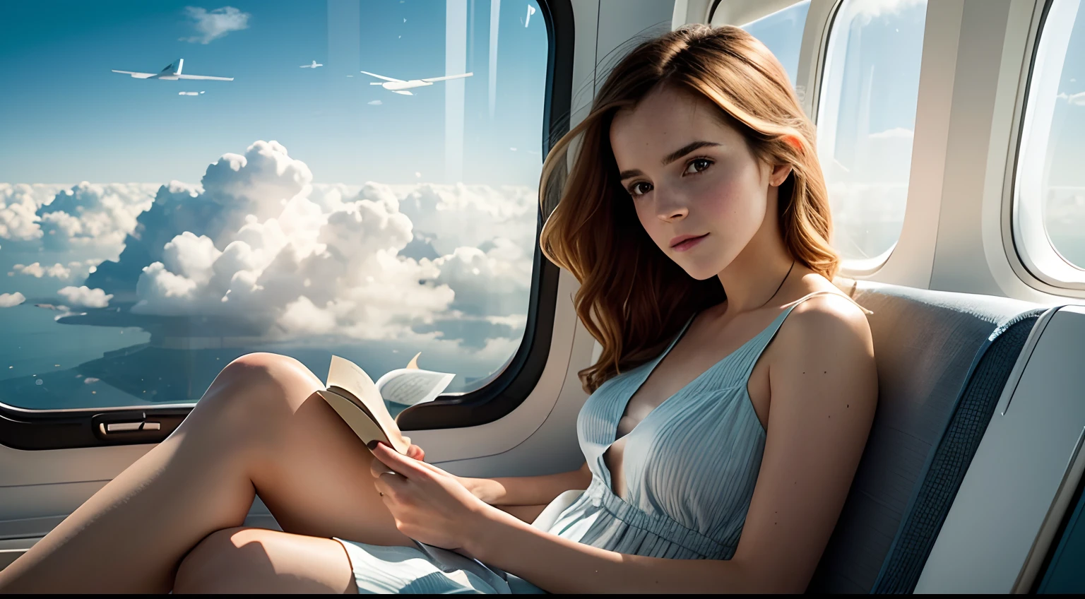 Emma Watson in airplane,illustration,blue sky,fluffy clouds,puffy white clouds,bright sunlight,window seat,sunlight streaming in,gentle breeze,open window,sitting comfortably,reading a book,enjoying the view,outfit: casual and comfortable,pale blue dress,loose wavy hair,fair complexion,calm expression,small notebook,pencil in hand,sketching the clouds,subtle shadows,soft colors,faint brushstrokes,realistic lighting,high attention to detail,graceful posture,peaceful atmosphere,vivid colors,breathing in fresh air,deep sense of relaxation,quiet ambiance,quietly humming a tune,lens flare effects,gleaming metallic exterior,airplane wing,overlooking the horizon,peaceful journey,perfect aerial view,serene surroundings