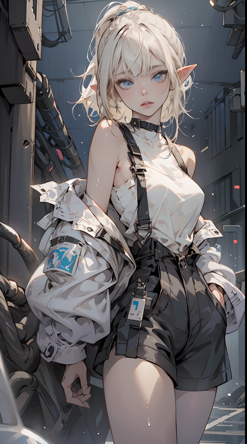 (1 girl), beauty elf, Ordinary worker, big breasts, perfect body, overalls, tired, dirty, messy, (asymmetrical bangs:1.3), ponytail hair, highly detailed face and eyes, Perfect lips, (white blonde hair, Deep Blue Eyes:1.2), cyberpunk, sci-fi, tech wear, character portrait, bare shoulders, intricate, Dawn, morning, sunlight, Bright clouds, digital art, Aesthetic, cinematic Lightning, by Yusuke Murata.