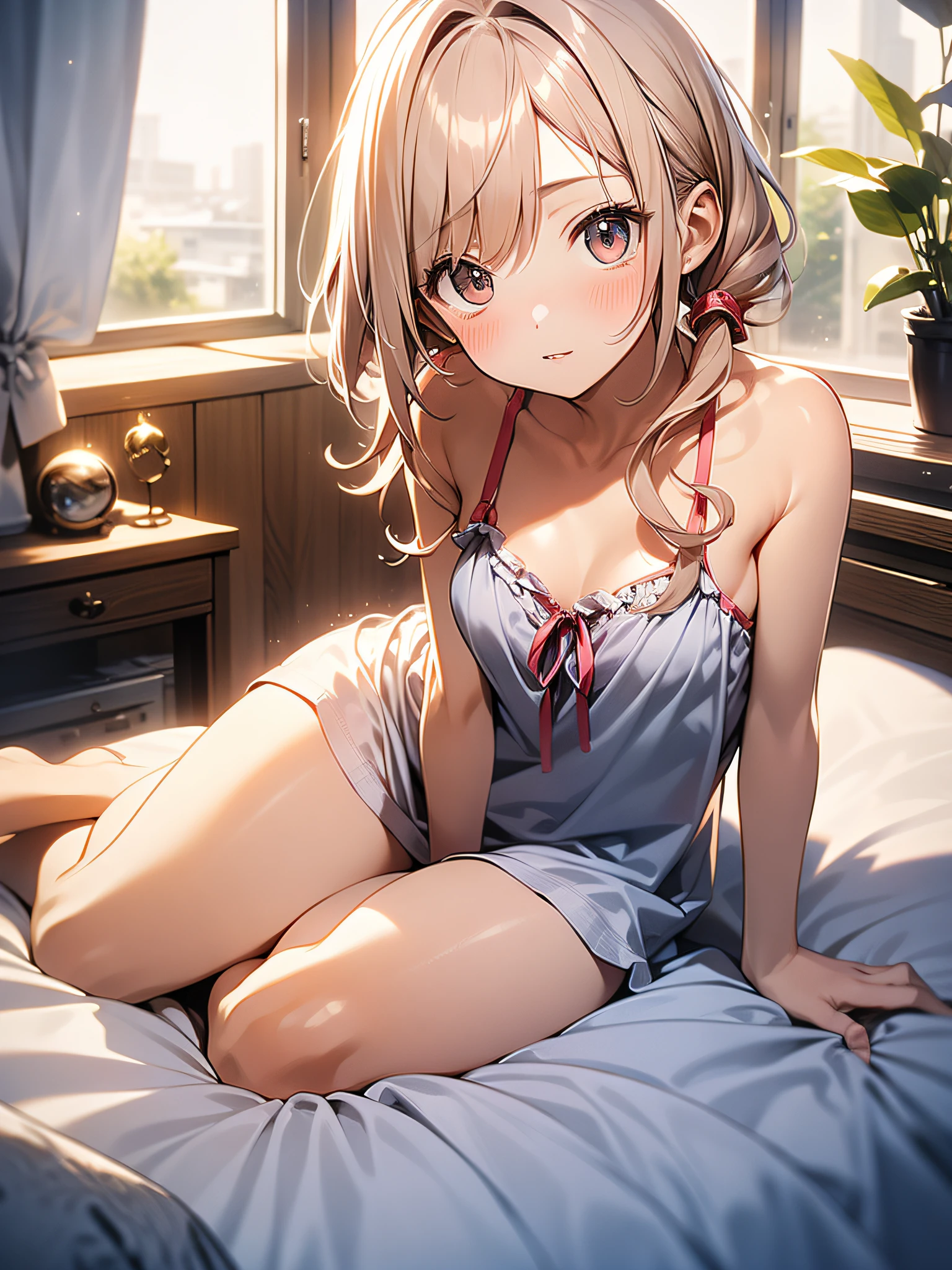 in 8K、top-quality、​masterpiece、ultra-detailliert、Ultra-high resolution、((1 persons))、girl with、a blond、Twin-tailed、Medium chest、(((on the beds)))、Red face、Camisole-wearing、bare shoulders​