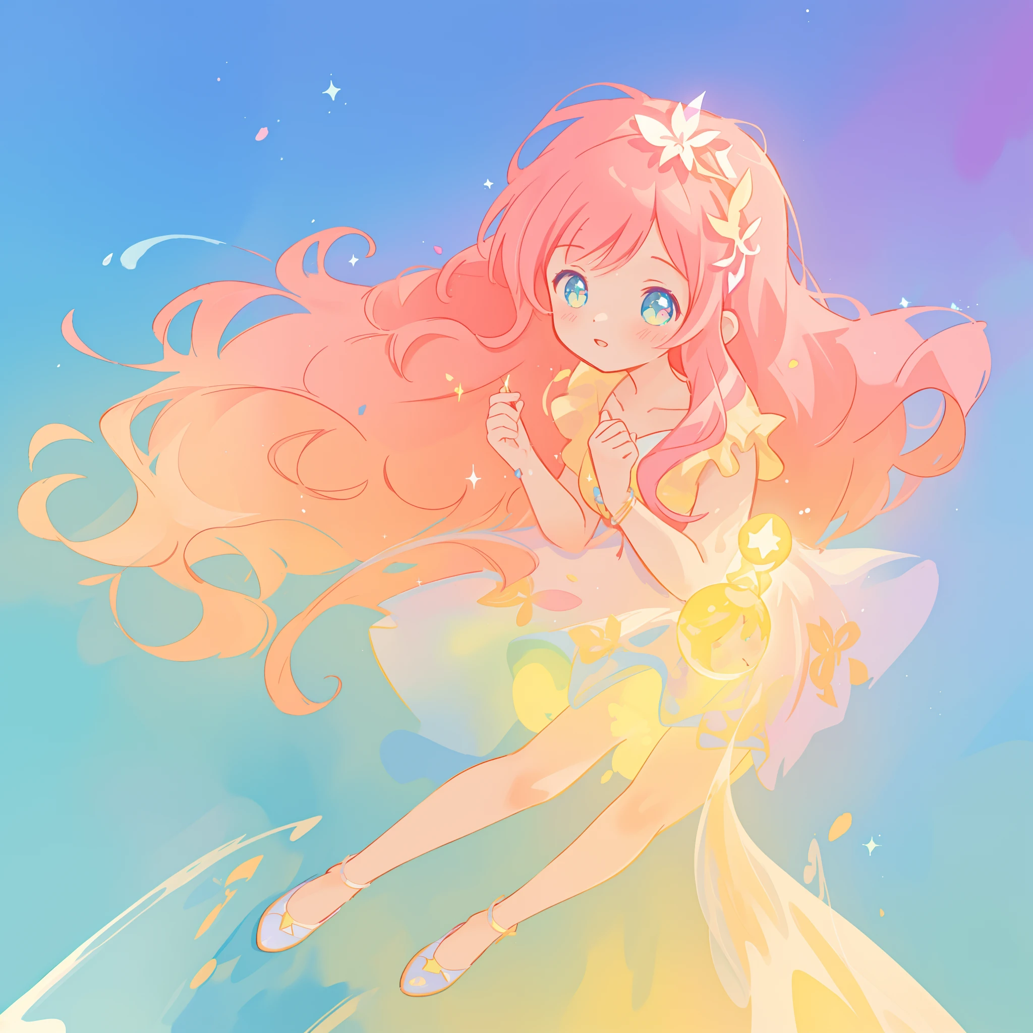 beautiful girl in colorful ballgown, long wavy peach pink hair, vibrant pastel colors, (colorful), colorful watercolor background, ethereal, magical lights, sparkling liquid light, inspired by Glen Keane, inspired by Lois van Baarle, disney art style, by Lois van Baarle, glowing aura around her, by Glen Keane, jen bartel, glowing lights! digital painting, flowing glowing hair, glowing flowing hair, beautiful digital illustration, fantasia background, whimsical, magical, fantasy, beautiful face, ((masterpiece, best quality)), intricate details, highly detailed, sharp focus, 8k resolution, sparkling detailed eyes, liquid watercolor