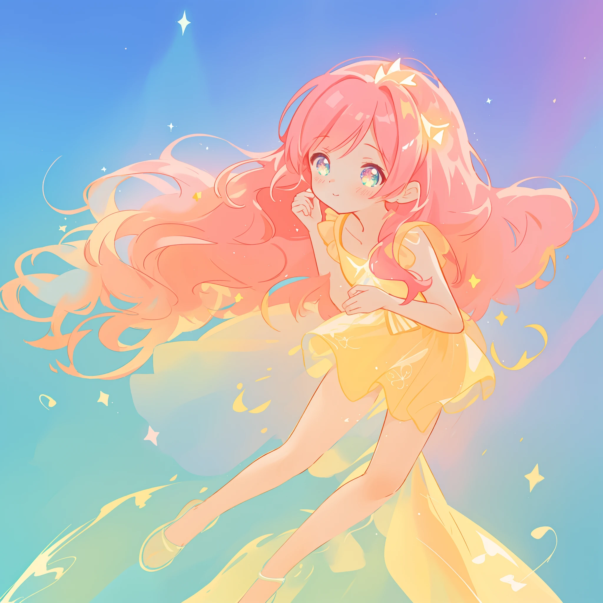 beautiful girl in colorful ballgown, long wavy peach pink hair, vibrant pastel colors, (colorful), colorful watercolor background, ethereal, magical lights, sparkling liquid light, inspired by Glen Keane, inspired by Lois van Baarle, disney art style, by Lois van Baarle, glowing aura around her, by Glen Keane, jen bartel, glowing lights! digital painting, flowing glowing hair, glowing flowing hair, beautiful digital illustration, fantasia background, whimsical, magical, fantasy, beautiful face, ((masterpiece, best quality)), intricate details, highly detailed, sharp focus, 8k resolution, sparkling detailed eyes, liquid watercolor