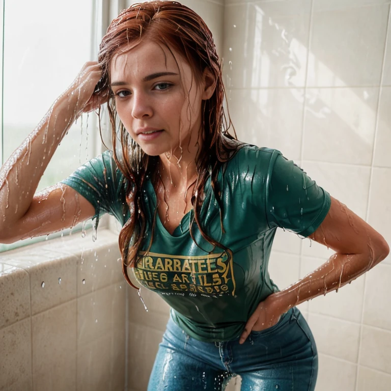 ((25 years old woman with auburn hair)), showering, indoor, wearing ((green t-shirt)), ((skinny jeans)), ((not looking at camera)), playful, ((random face)), (((wet hair))), ((dressed up)), ((soaked)), ((drenched)), ((dripping wet)), ((wet clothes)), ((wet bodies)), oily clothes, droplets, see through, transparent, varied poses, ultra detailed faces, masterpiece, best quality, hd, 8k, photorealistic