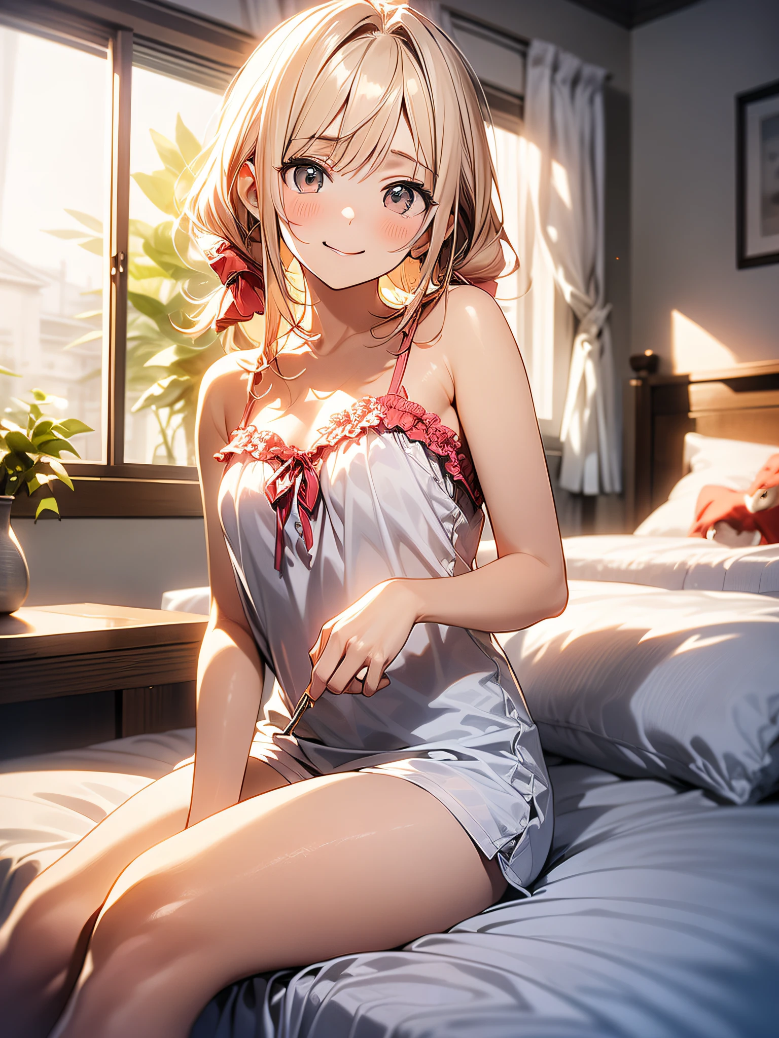 in 8K、top-quality、​masterpiece、ultra-detailliert、Ultra-high resolution、((1 persons))、girl with、a blond、Twin-tailed、Medium chest、(((on the beds)))、Red face、Camisole-wearing、bare shoulders​