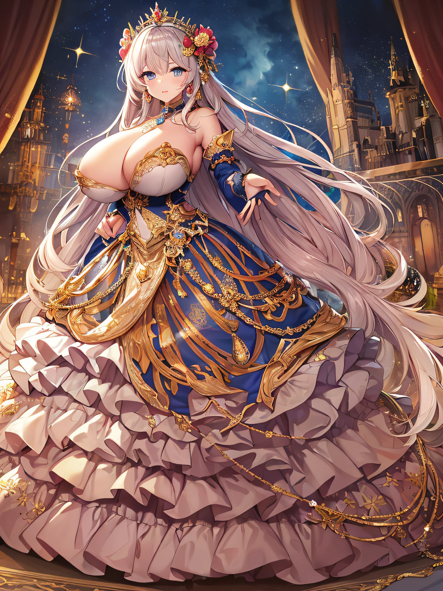 anime artstyle,official art,Masterpiece,Best Quality,Super Detail,Very Delicate and Beautiful,Solo,full body,full body portrait,((detailed face and eyes)),jewel-like beautiful eyes,((1 princess in a beautiful embroidery and jeweled rococo ballgown with voluminous full length hoop skirt)),((fantasy castle,outdoors,outside the castle)),((Crinoline,Long Train)),super detailed gorgeous princess ballgown with voluminous full length hoop skirt,jeweled Gorgeous princess rococo princess ballgown with long train,jeweled Gorgeous rococo princess ballgown with long train,gorgeous rococo princess ballgown with beautiful embroidery and jeweled,((large amount of straight hair,extremely voluminous Very Long Hair,Absolutely Long Straight Hair)),(((very gigantic tits))),arm cover,extremely gorgeousfull hair ornament,bling-bling extremely gorgeousfull jeweled tiara,luxurious jewelry,full body