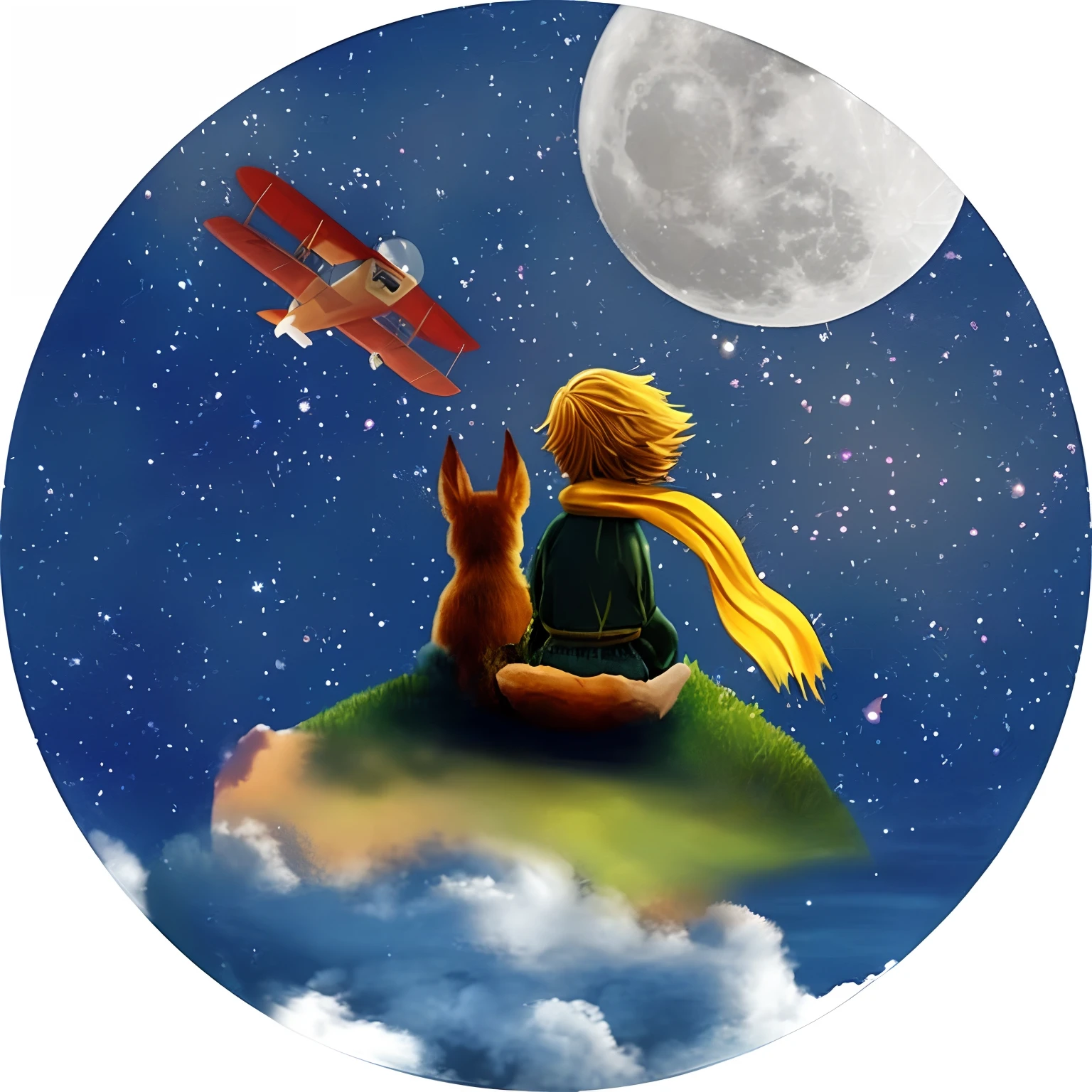 Image of a boy sitting on a small island with an airplane flying overhead, sentado em uma lua, the little prince, na lua, inspirado em Raymond Briggs, breathtaking art, an amazing photo, 插圖", In front of the Moon, sitting on the cosmic cloudscape, Andar a cavalo na lua, para a lua, 8k, maximum resolution, upscaler render