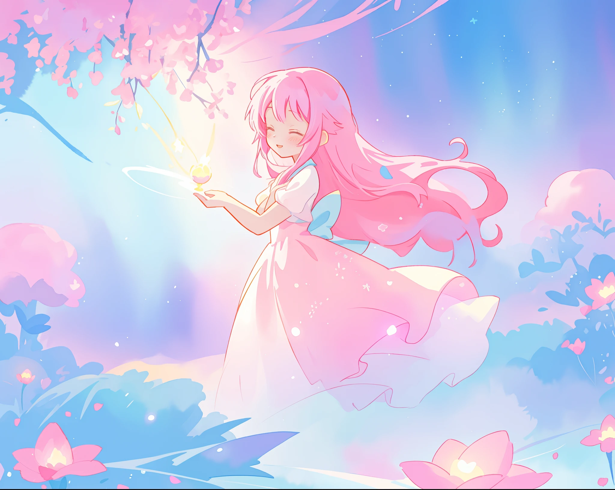 beautiful girl in sparkling flowing dress, long flowing pink hair, colorful fantasia background, watercolor illustration, disney art style, glowing aura around her, glowing lights, beautiful digital illustration, fantasia otherworldly landscape plants flowers, beautiful, masterpiece, best quality, anime disney style