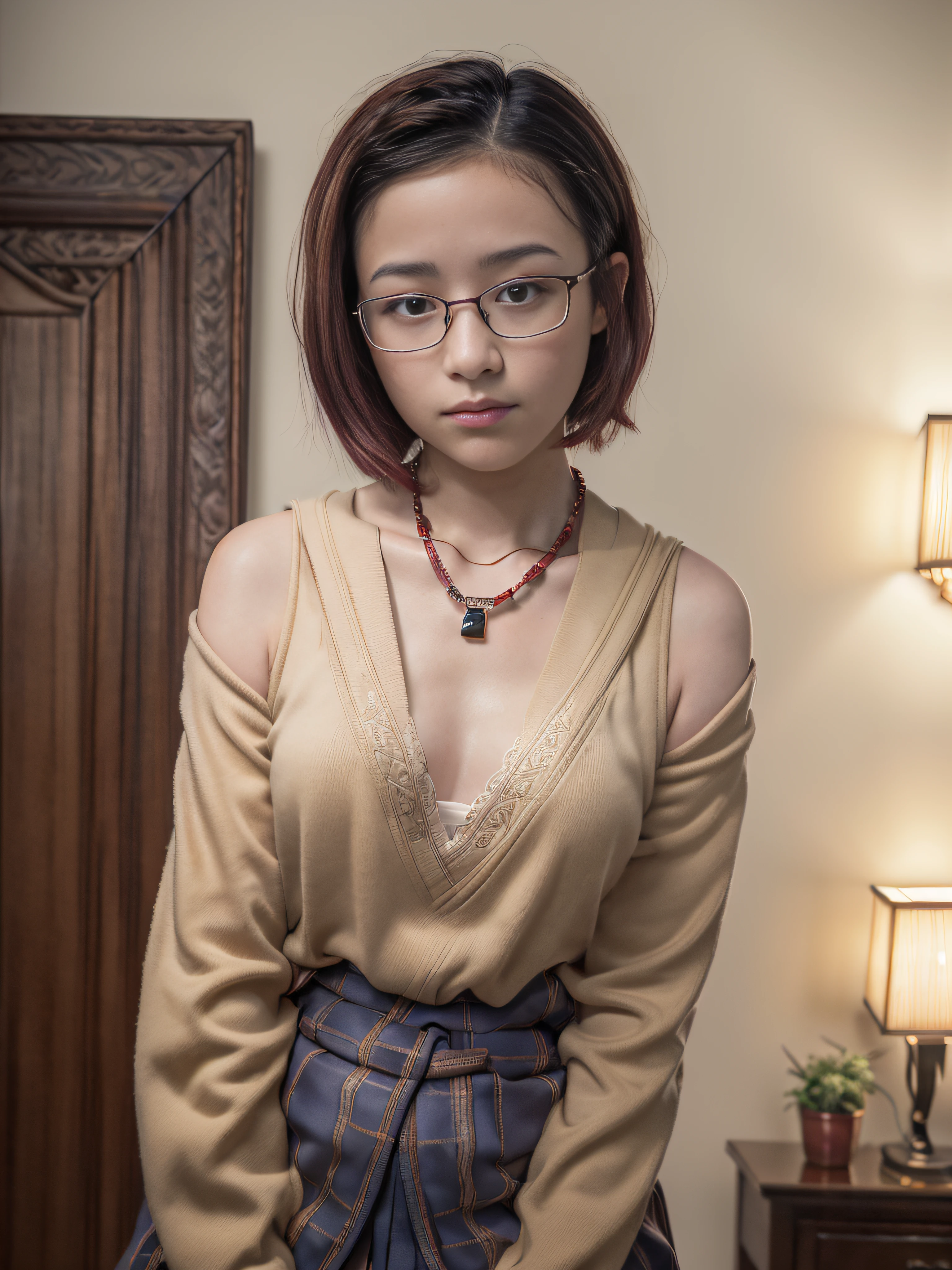 (Best quality, 8k, 32k, Masterpiece, UHD:1.2), (extremely intricate:1.3), (photorealistic:1.4), 15 years old Japanese, geek glasses, blushing, red cheeks, shy face, waifu, very short bob hair, POV, oversized sweater, downblouse, (leaning forward:1.3), cleavage necklace, bedroom, from below, looking at the viewer, cinematic lighting, soft focus