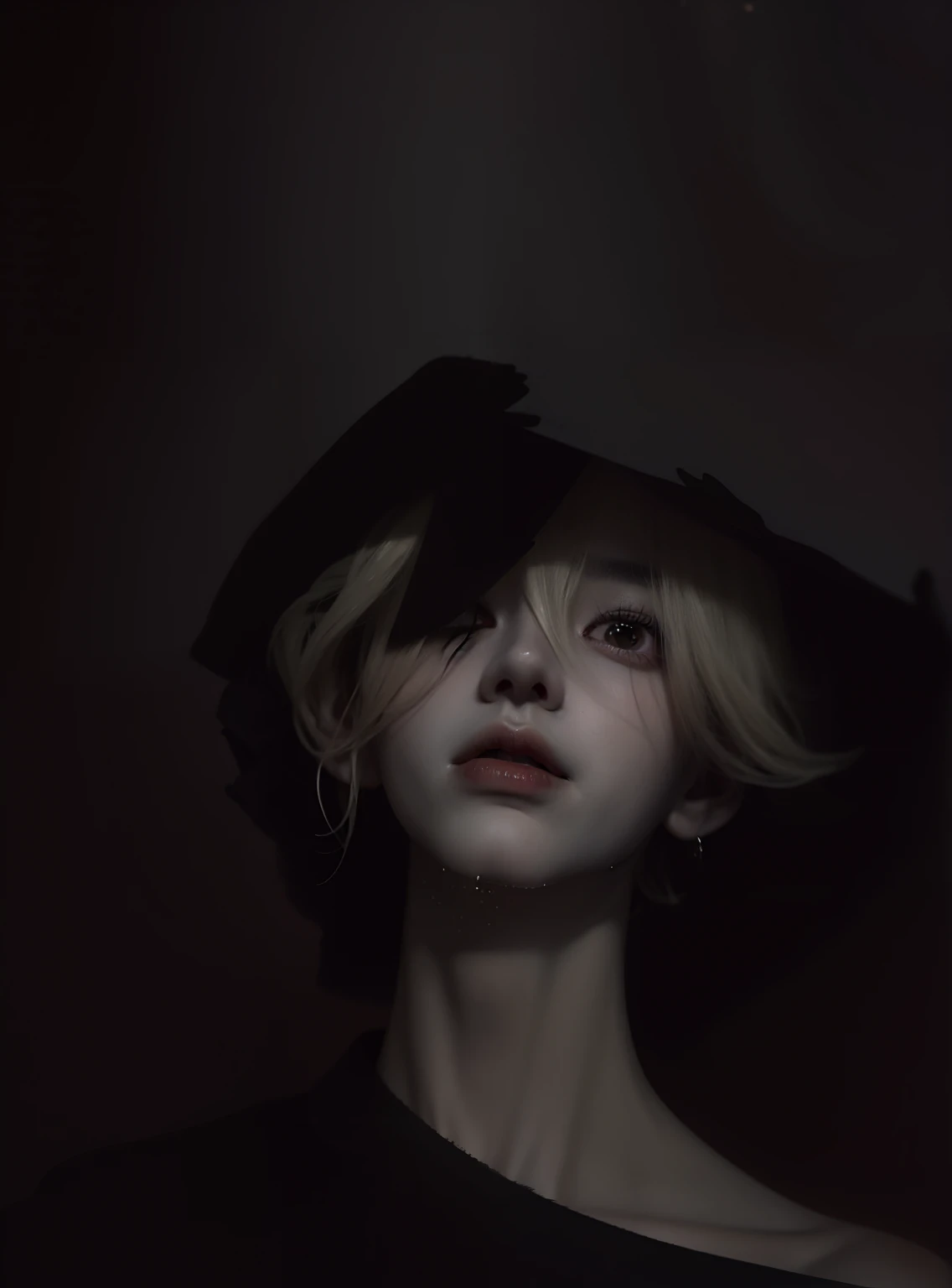 Blonde woman in black shirt and on black background looking up, androgynous face, inspired by Elsa Bleda, Creepy Self-Portrait, cai xukun, Inspired by Jongseok Lee, угрюмое, dim lighting, very very low quality picture, Dark Portrait, Blurred face, Thin face of a boy, dark aesthetic, Gloomy and gloomy aesthetics, distorted photo, Blurred face, Androgyne