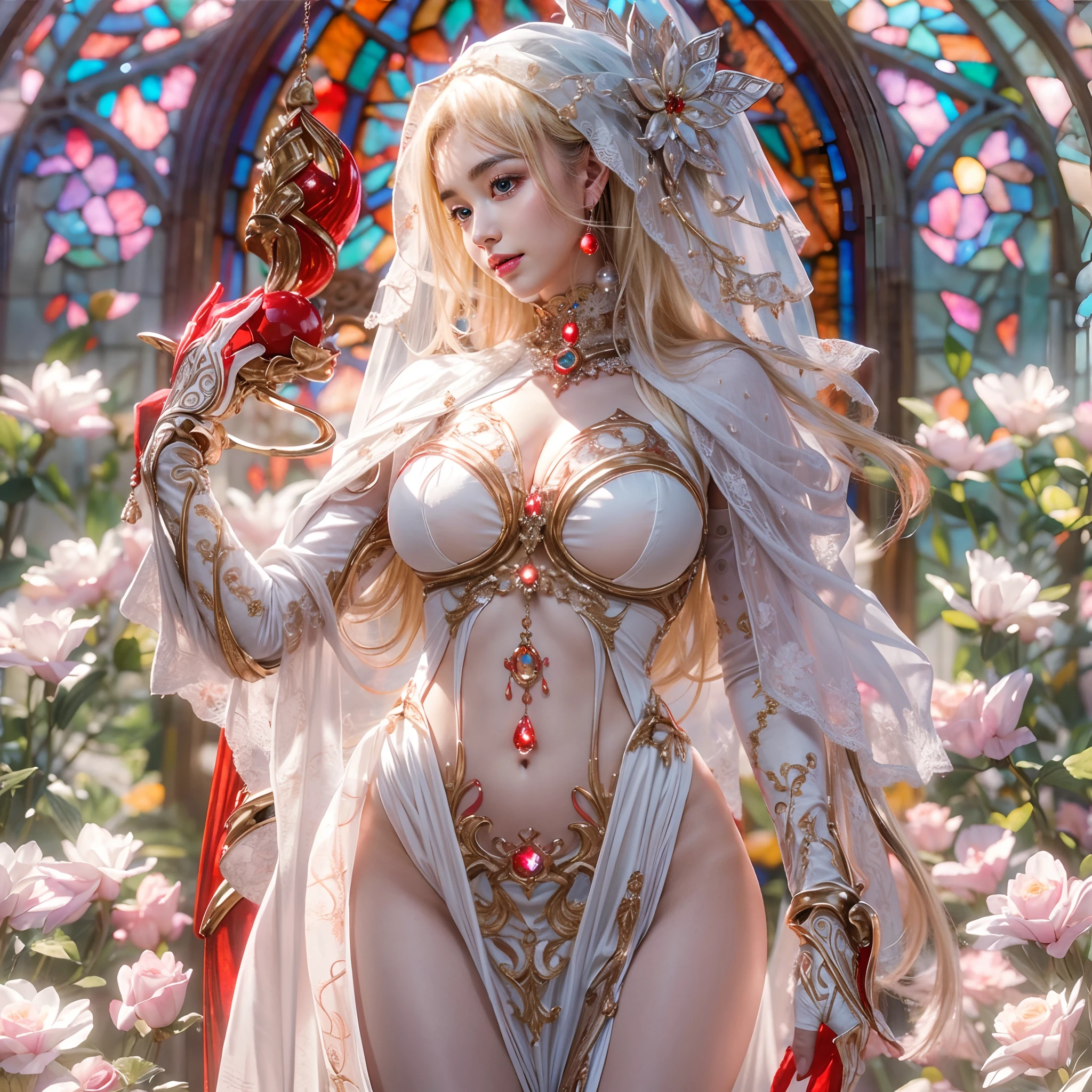 { wide-angle | FullBody:1.2 | Dynamic-angle | Ass focus }, (Whole Body proportions and all limbs are expressed in anatomical precision),(((masutepiece:1.25))), 8K highres, { Physically-based rendering | White and Vivid colors | Zoom Layer }, { (((Photorealistic:1.37)))| (F/4.0, canon) }, (Detailed glistening skin), Detailed face and eyes, { ((Beautiful bride goddess))|(Brilliant Red shiny Ruby accessories) | earrings | Ruby ring | Delicate white lace knitted see-through wedding dresses:1.2 | Flowers | Floating hair| Random hair color | Blonde hair }, { (Mystical sight) | God rays |((colorful Light shines through stained glass:1.2)) }, { Gigantic Cleavage:1.37 | Overflowing | Biomechanical HUGE and HEAVY boob | Underboob |(Navel)| Bleeding from pussy | Dripping blood from crotch | (Blood stained crotch) | Menses | Ass focus }, { (Praying) | (Delicate and feminine hands expressed in anatomical precision) | White elbow_gloves | no Dutch angle }, (((no extra limbs)))