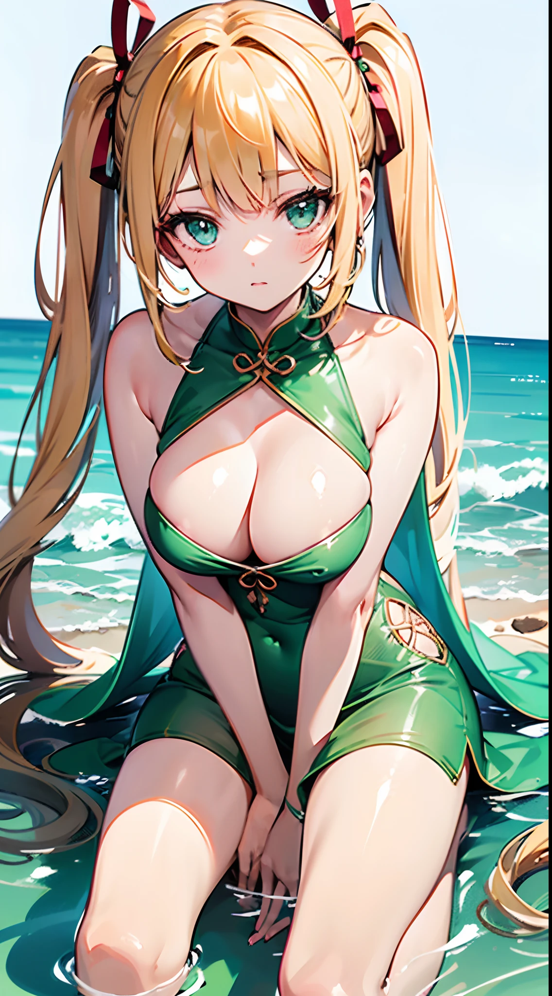 anime styled, Anime Artwork,The ultra -The high-definition,超A high resolution,wink,Clear eyes, Pretty lips, Beautiful girl with well-formed face,long eyelashes, Twin tails tied with a red ribbon,blonde hair, A begging look, Sheer emerald green short dress in sheer fabric,see -through,The areol, fullnude,bare-legged,Draw the whole body from the top of the head to the toes。A deserted summer coast