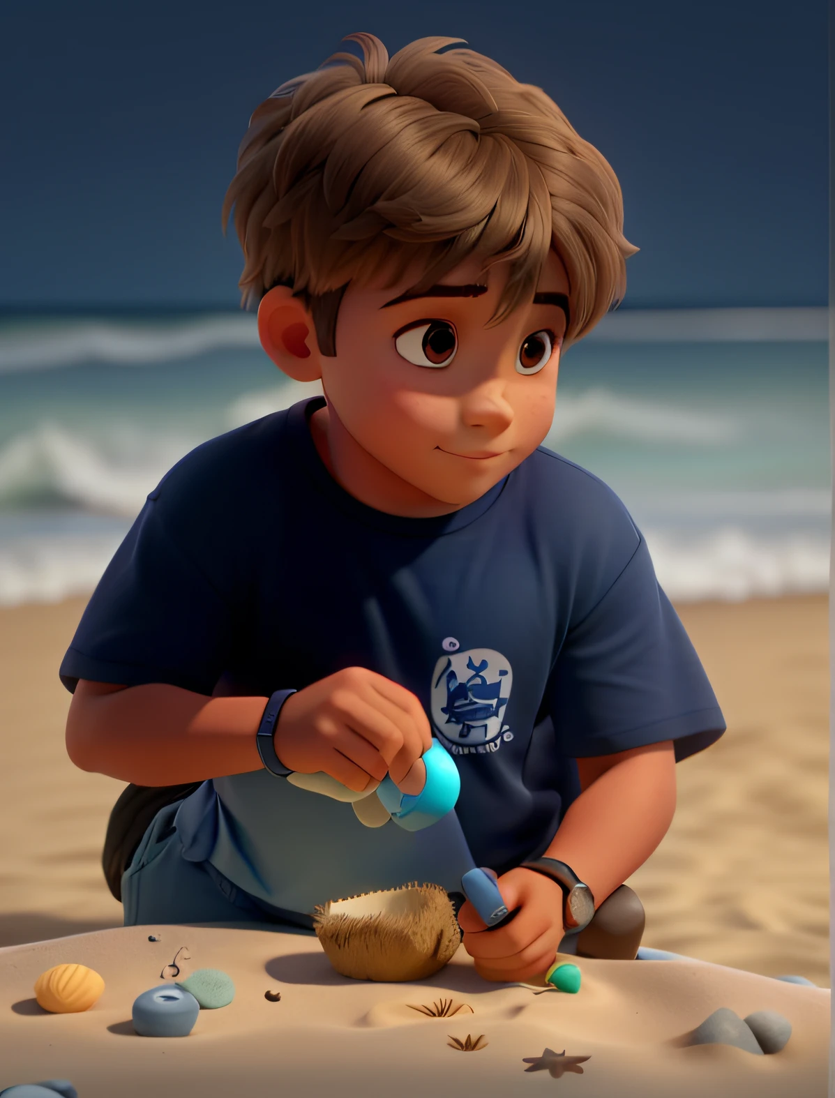 um pequeno garoto de cabelos loiros brincando com a conchas da praia, Is wearing a dark blue t-shirt and light blue shorts, Is playing on the edge of the beach,