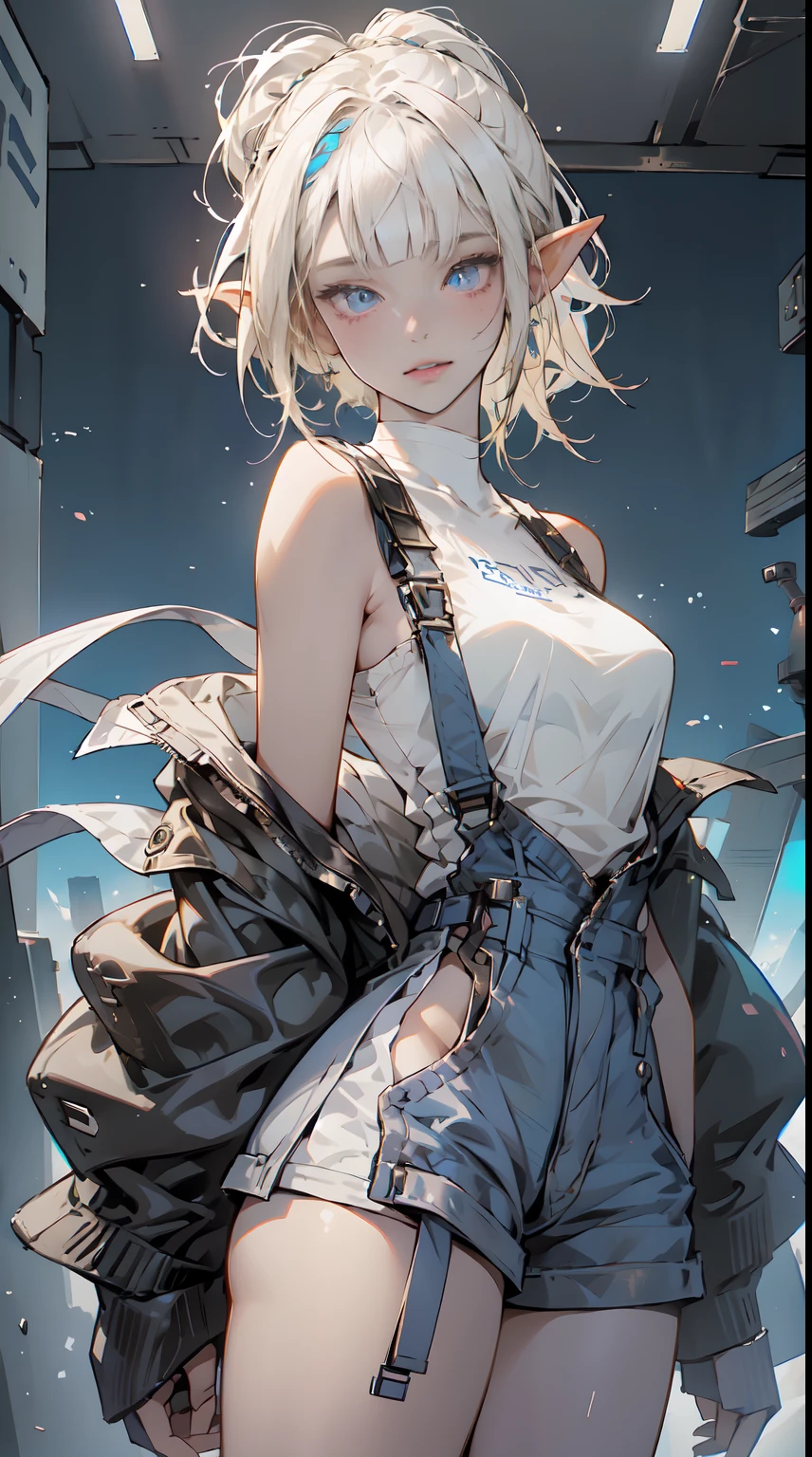 (1 girl), (beauty elf), Ordinary worker, big breasts, perfect body, overalls, light smile, fresh, messy, (asymmetrical bangs:1.3), ponytail hair, highly detailed face and eyes, Perfect lips, (white blonde hair, Deep Blue Eyes:1.2), cyberpunk, sci-fi, tech wear, character portrait, bare shoulders, intricate, Dawn, morning, sunlight,  Bright clouds, digital art, Aesthetic, cinematic Lightning, by Yusuke Murata.