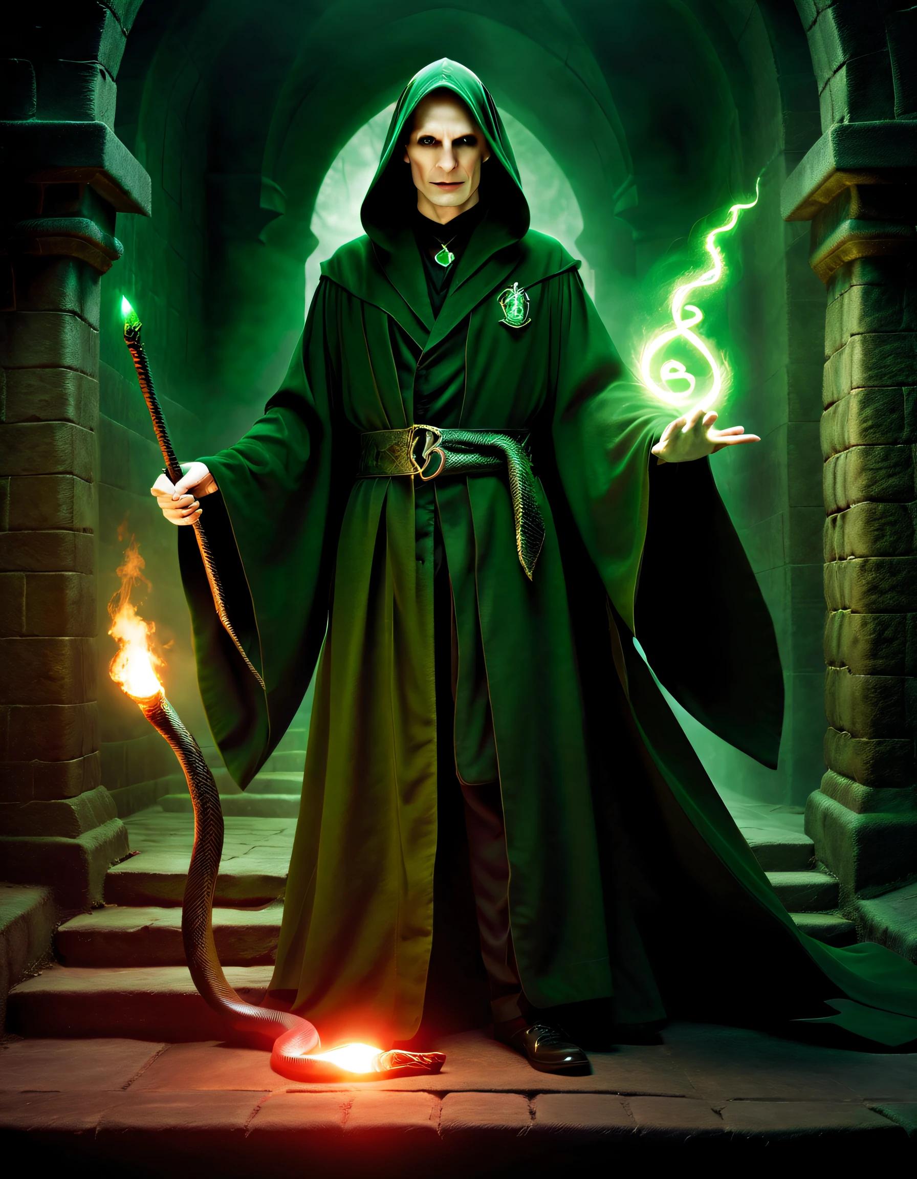 dark magic,evil sorcerer,snake-like appearance,red glowing eyes,pale complexion,wizard's robe and wand,ancient castle,ominous atmosphere,green spells and curses,horcruxes hidden in secret locations,dark and sinister secret society,dramatic lighting,foreboding presence,scary and menacing,conflict between good and evil,Harry Potter trapped and fighting against Voldemort,portrait of power and darkness