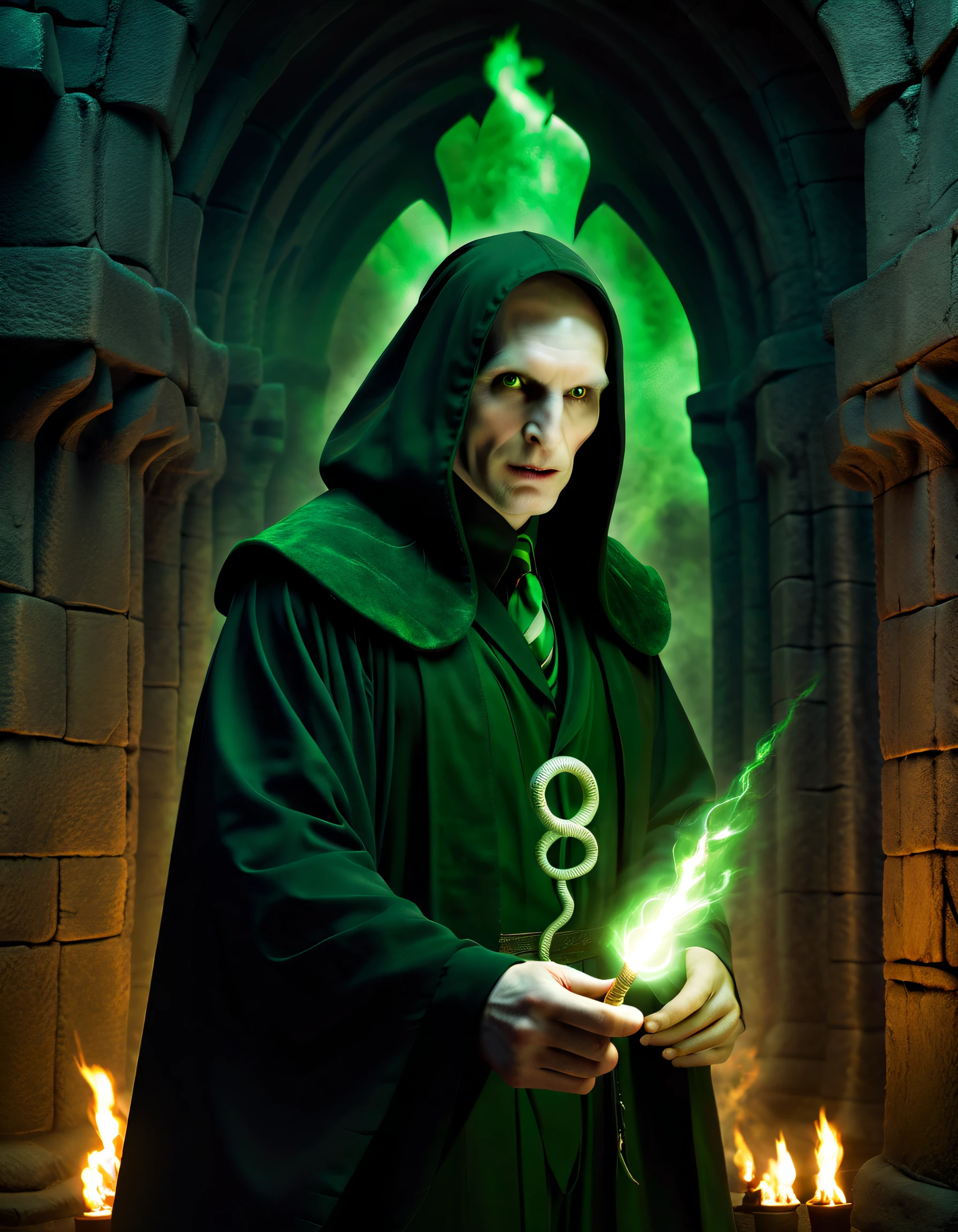 dark magic,evil sorcerer,snake-like appearance,red glowing eyes,pale complexion,wizard's robe and wand,ancient castle,ominous atmosphere,green spells and curses,horcruxes hidden in secret locations,dark and sinister secret society,dramatic lighting,foreboding presence,scary and menacing,conflict between good and evil,Harry Potter trapped and fighting against Voldemort,portrait of power and darkness