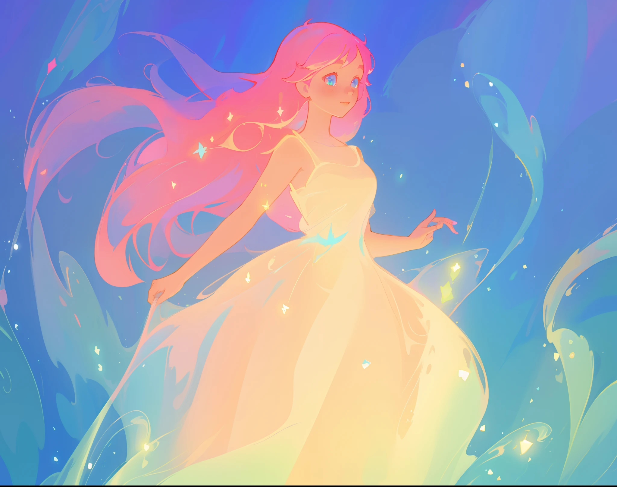 beautiful girl in flowing white dress, vibrant pastel colors, (colorful), magical lights, long flowing colorful pink hair, otherworldly aqua and blue landscape background, inspired by Glen Keane, inspired by Lois van Baarle, disney art style, by Lois van Baarle, glowing aura around her, by Glen Keane, jen bartel, glowing lights! digital painting, flowing glowing hair, glowing flowing hair, beautiful digital illustration, fantasia background, whimsical, magical, fantasy, beautiful face, ((masterpiece, best quality)), intricate details, highly detailed, sharp focus, 8k resolution, sparkling detailed eyes, liquid watercolor