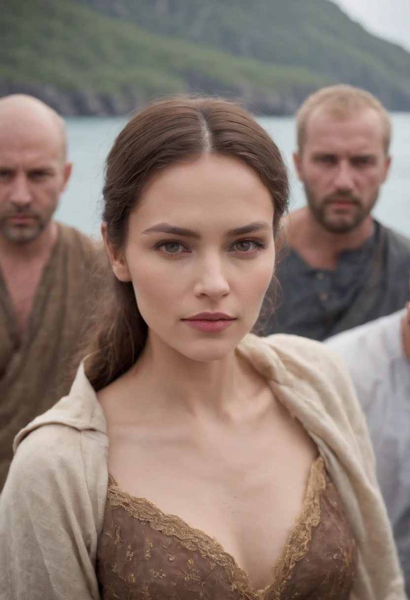 a beautiful woman surrounded by ten thin, ugly men, in an island setting, sea in the background