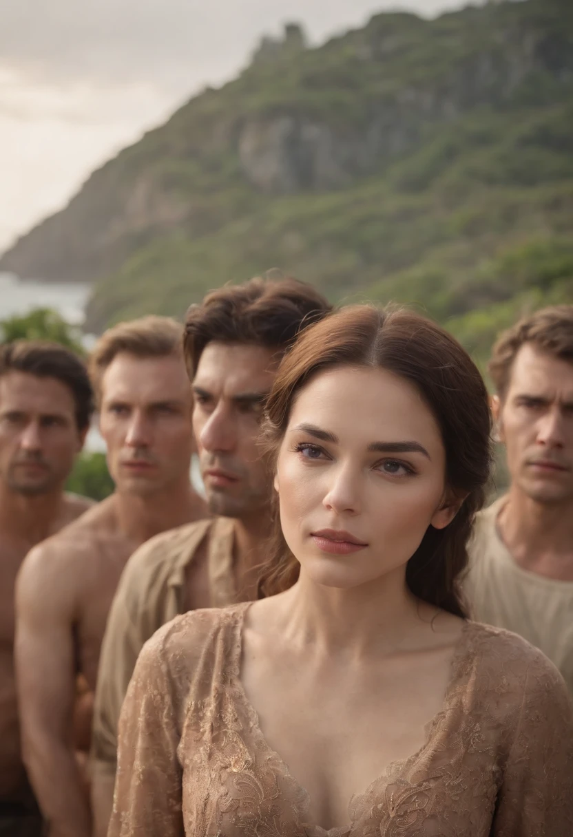 a beautiful woman surrounded by ten thin, ugly men, in an island setting, sea in the background