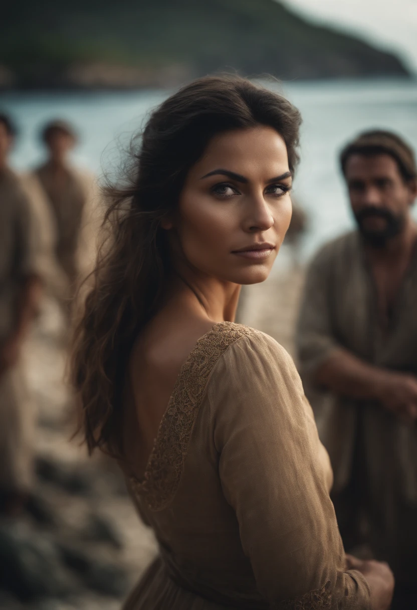 a beautiful woman surrounded by ten thin, ugly men, in an island setting, sea in the background