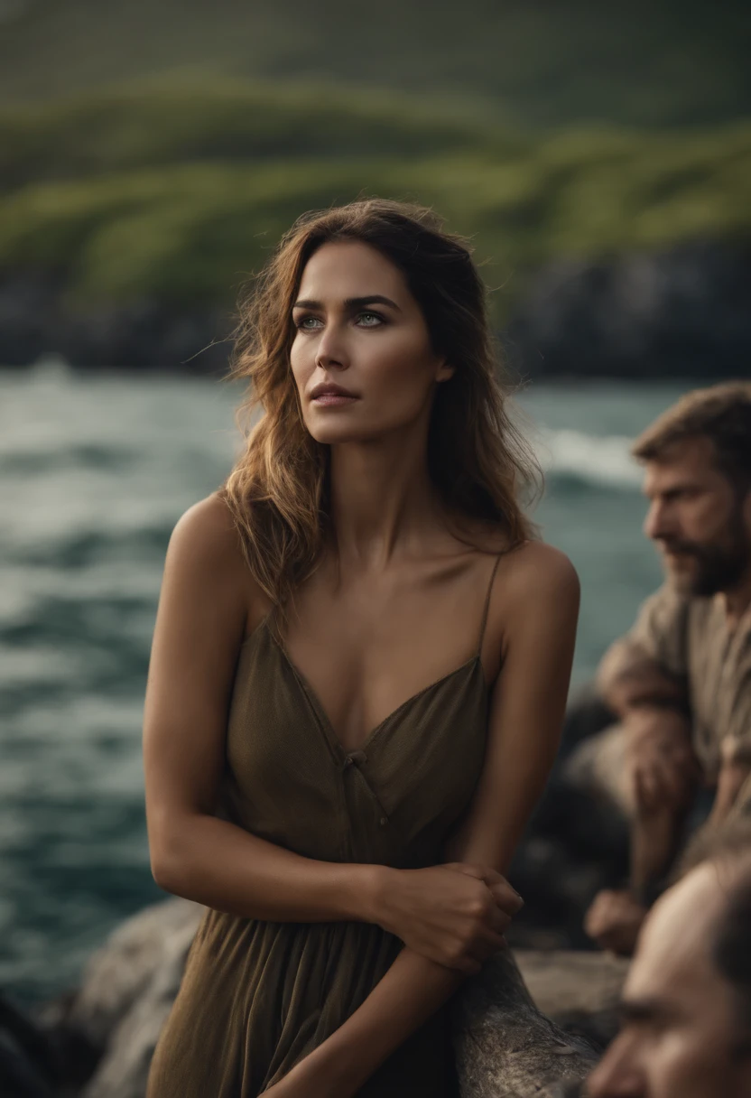 a beautiful woman surrounded by ten thin, ugly men, in an island setting, sea in the background