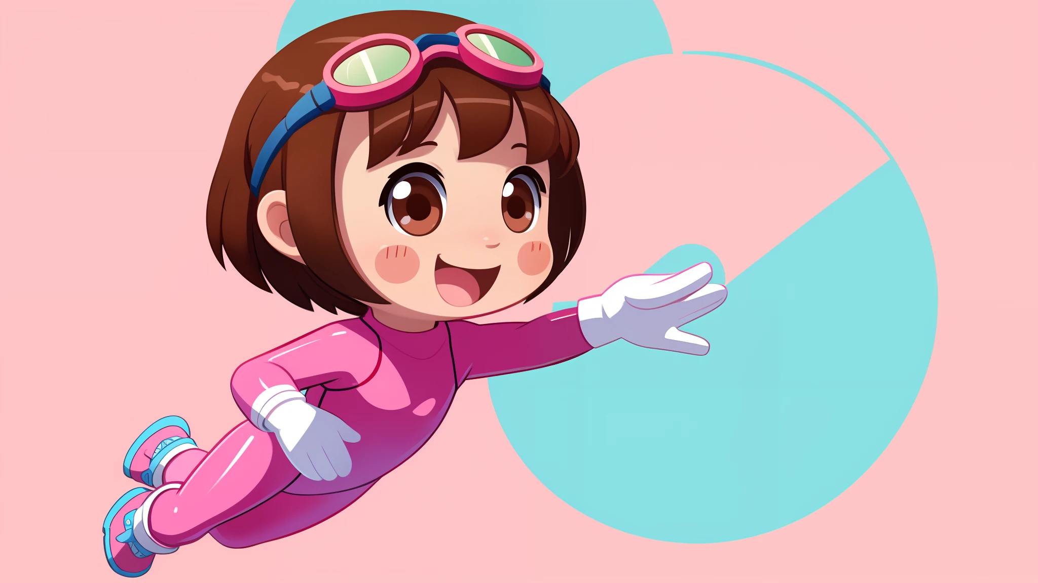 profile image, a single 5 year old girl in diving pose, alone, happy, with brown hair, brown eyes, rosy cheeks, pink wetsuit, white gloves, pink shoes, goggles, diving shoes, full body,childish 2D style illustration.