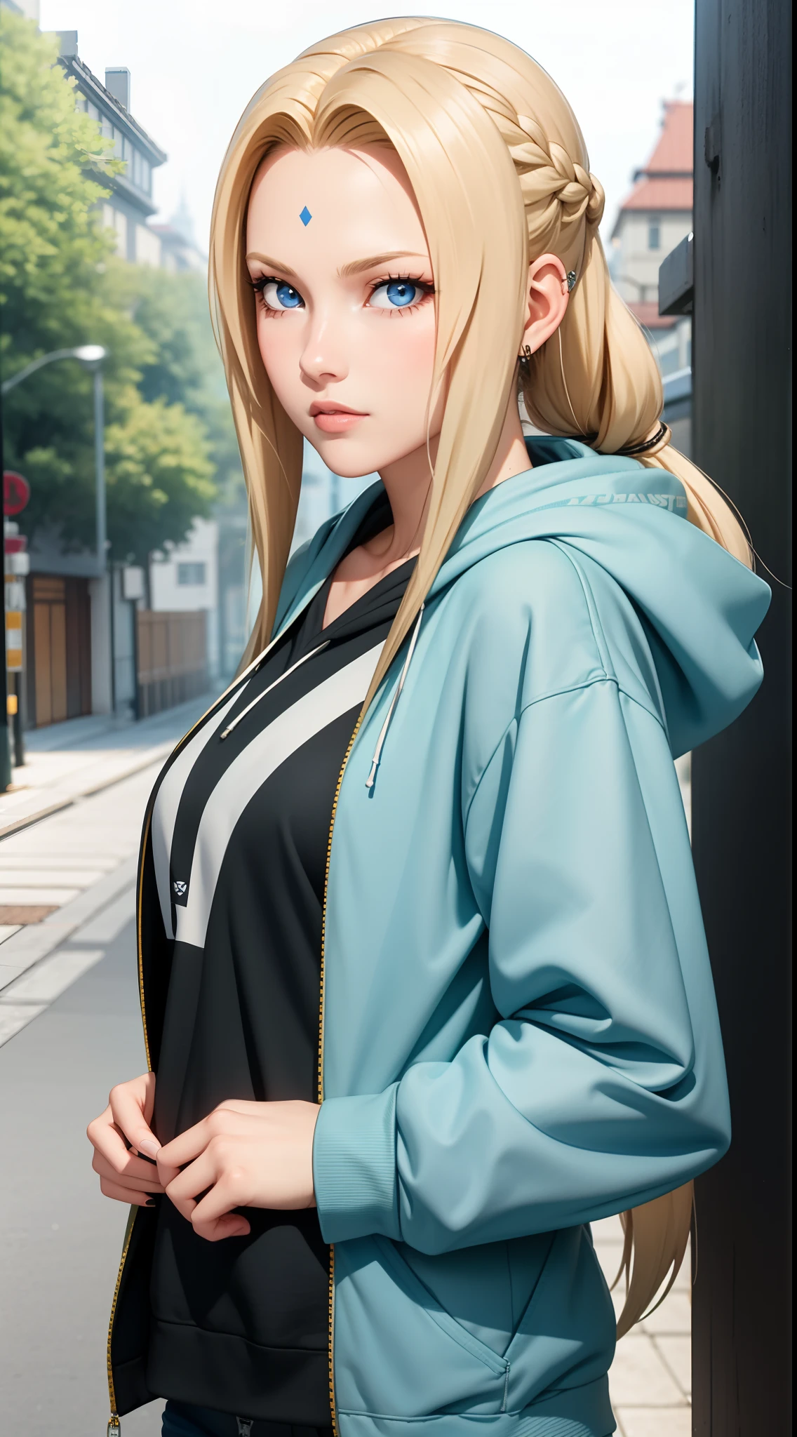 masterpiece, best quality, ultra-detailed, 1girl, upper body,
long hair, blonde hair, french braid, blue eyes, blunt bangs,
Wearing Streetwear Hoodie, stylish,
medium breast, cool attitude
looking at viewer, Tsunade \(shippuden\)