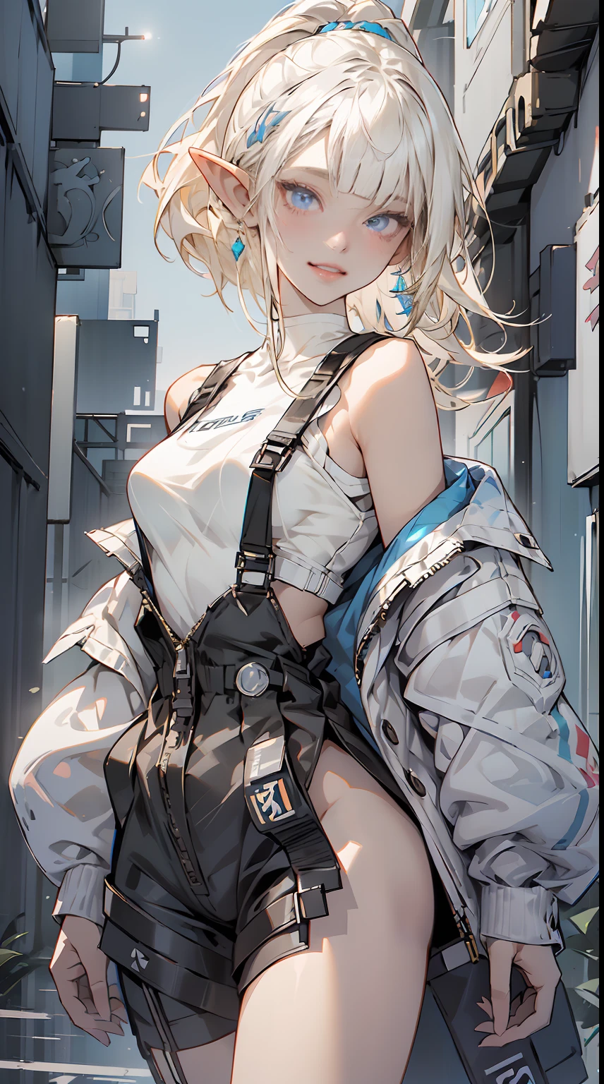 (1 girl), (beauty elf), Ordinary worker, big breasts, perfect body, overalls, light smile, fresh, messy, (asymmetrical bangs:1.3), ponytail hair, highly detailed face and eyes, Perfect lips, (white blonde hair, Deep Blue Eyes:1.2), cyberpunk, sci-fi, tech wear, character portrait, bare shoulders, intricate, Dawn, morning, sunlight, Bright clouds, digital art, Aesthetic, cinematic Lightning, by Yusuke Murata.