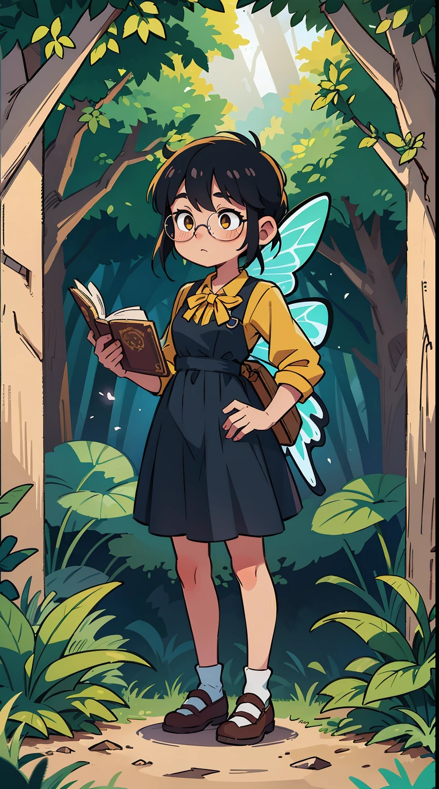 A cute kawaii fairy reading a book, black hair , in a forest, night time, butterfly wings , yellow dress, glasses, standing up
