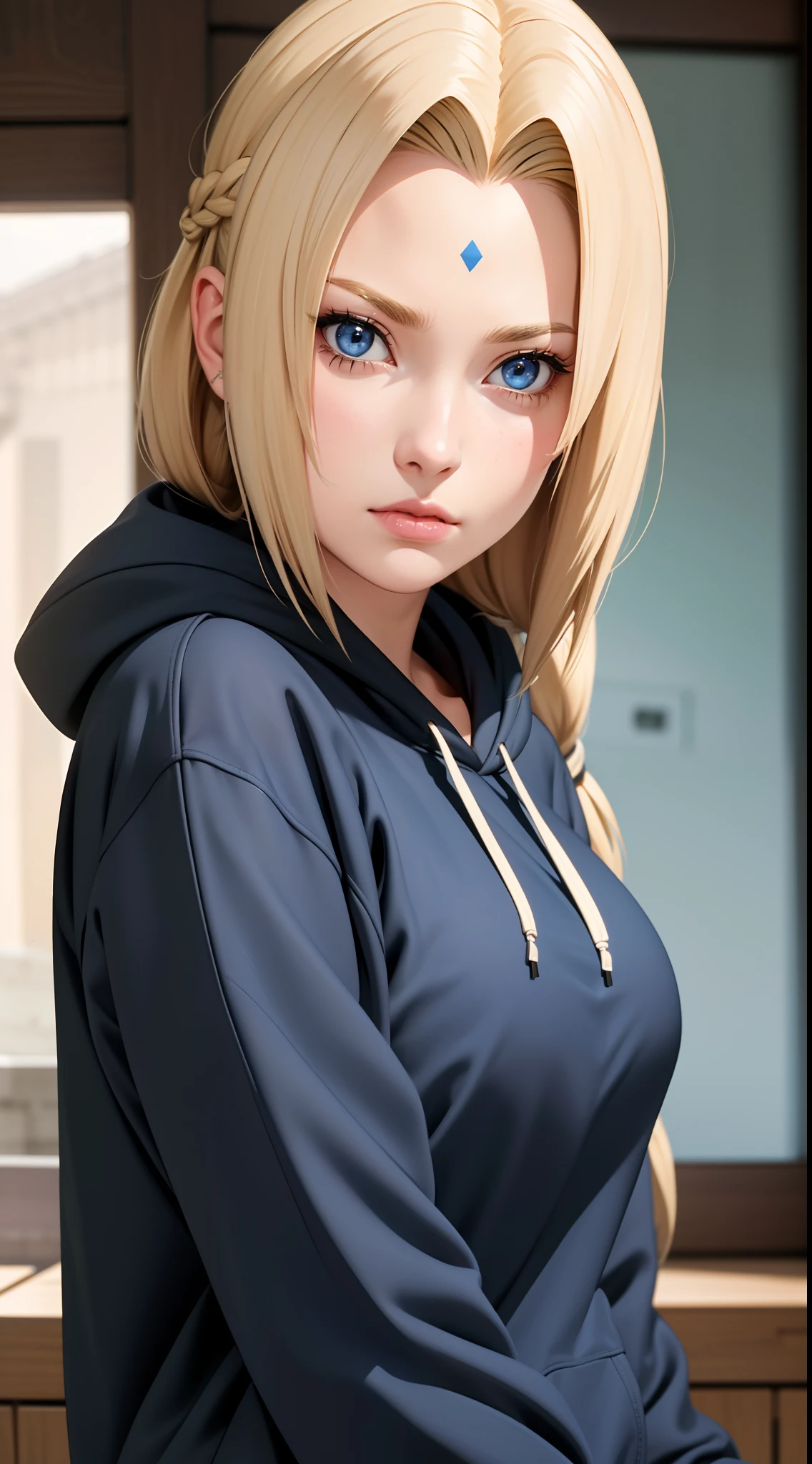 masterpiece, best quality, ultra-detailed, 1girl, upper body, 
long hair, blonde hair, french braid, blue eyes, blunt bangs, 
Wearing Streetwear Hoodie, stylish,
medium breast, cool attitude 
looking at viewer, Tsunade \(shippuden\)