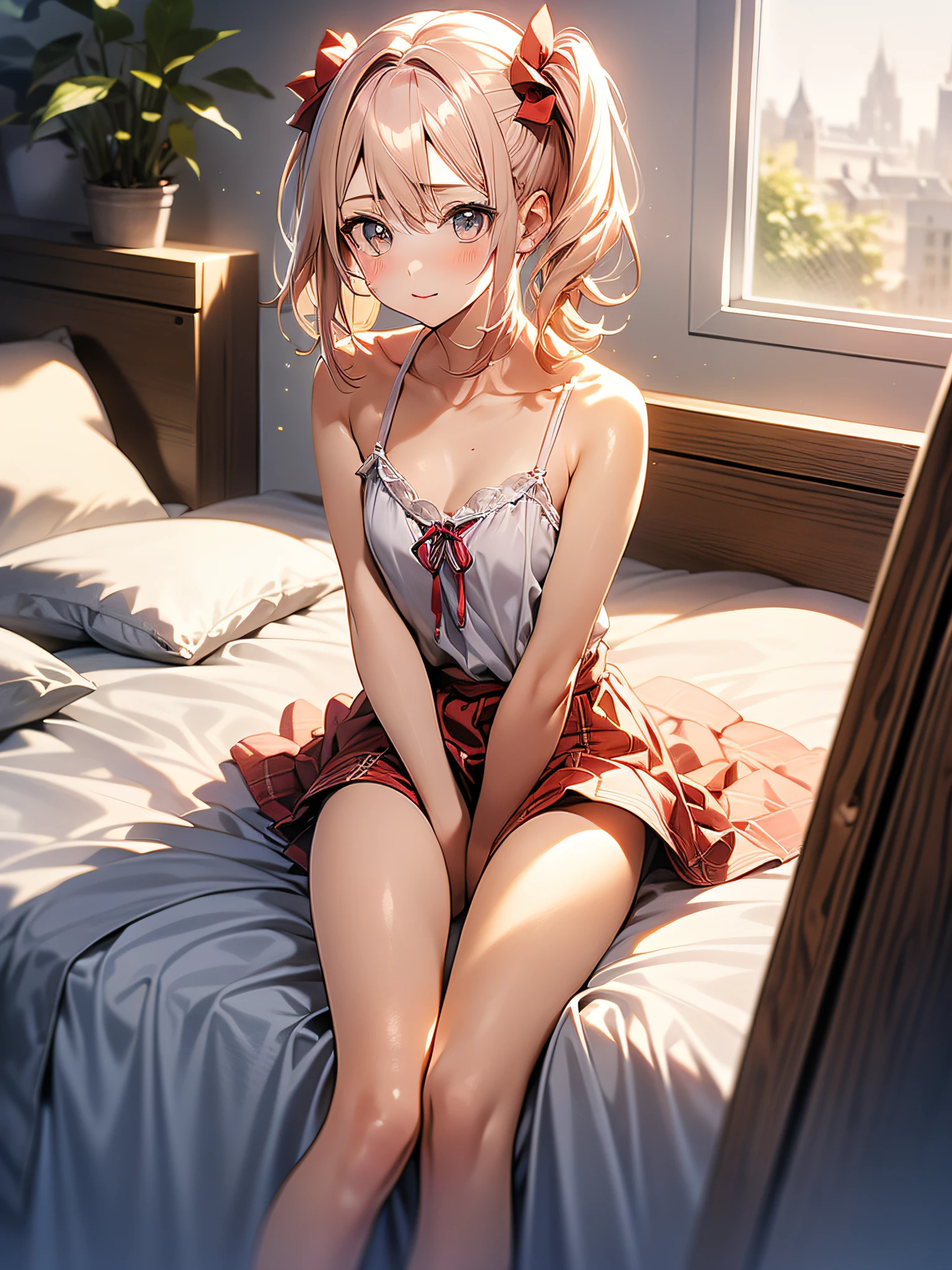 in 8K、top-quality、​masterpiece、ultra-detailliert、Ultra-high resolution、((1 persons))、girl with、a blond、Twin-tailed、Medium chest、(((on the beds)))、Red face、Camisole-wearing、((bare shoulders​))