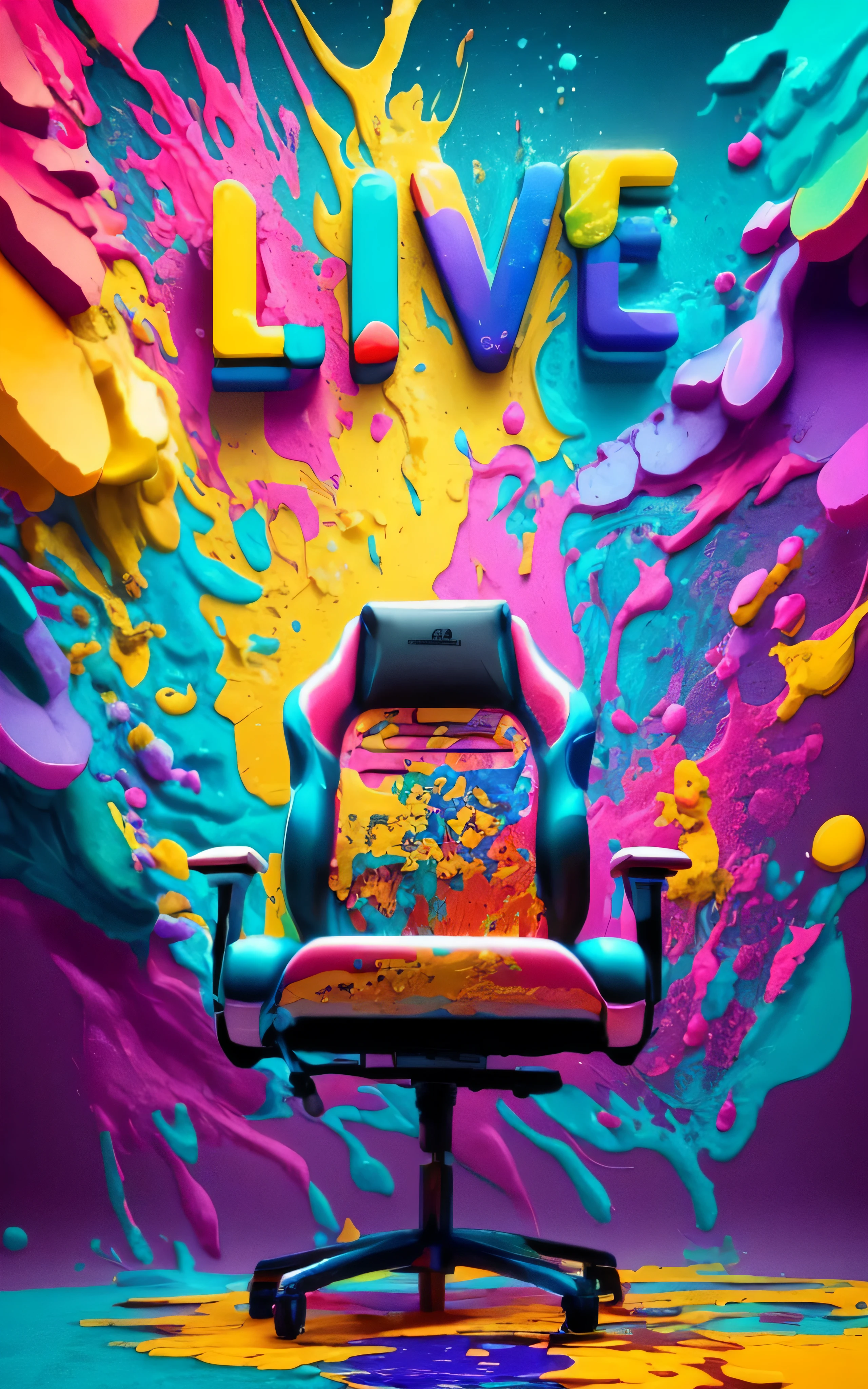 uma cadeira colorida com a palavra amor na frente de um fundo colorido, cores vivas, cadeira gamer, game chair like a toilet, colorful vivid octane render, cinema 4d render colorido, hiper colorido, amazing splashscreen artwork, colorido 8 k, papel de parede splash arte promocional, WC RGB Gamer, hiper-realismo colorido, hipermaximalismo, Desportivo