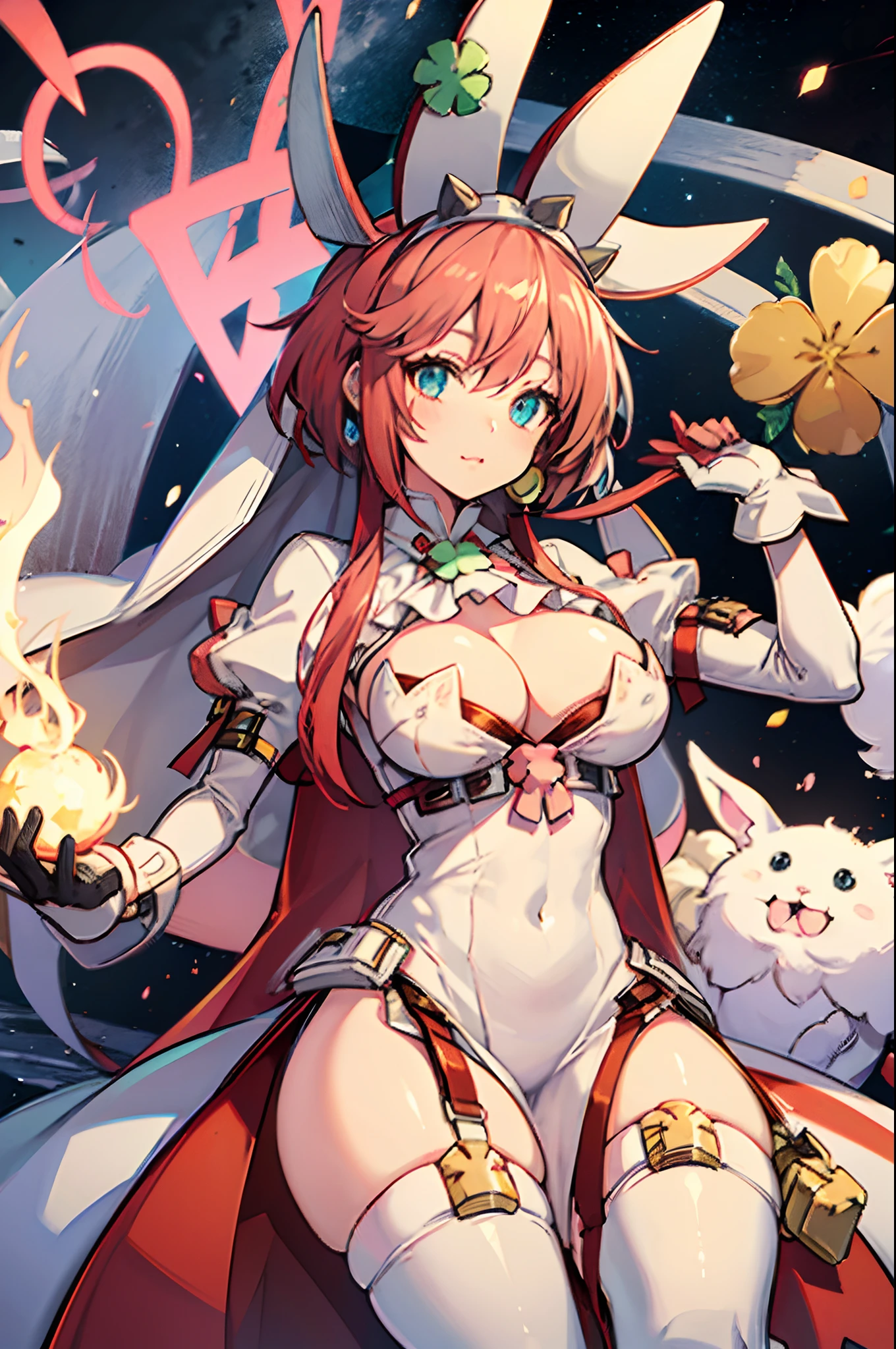 ((Elphelt from Guilty Gear)), four-leaf clover, dress, animal ears, gloves, hairband, cleavage cutout, rabbit ears,