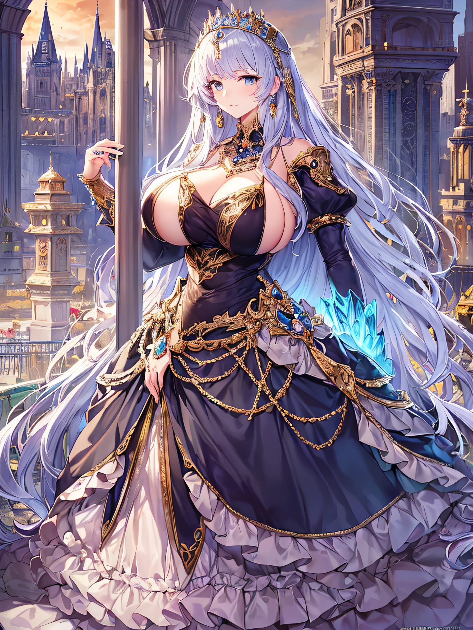 anime artstyle,official art,Masterpiece,Best Quality,Super Detail,Very Delicate and Beautiful,Solo,full body,full body portrait,((detailed face and eyes)),jewel-like beautiful eyes,((1 princess in a rococo ballgown with voluminous full length hoop skirt)),((fantasy castle,outdoors,outside the castle)),((Crinoline,Long Train)),super detailed gorgeous princess ballgown with voluminous full length hoop skirt,jeweled Gorgeous princess rococo princess ballgown with long train,jeweled Gorgeous rococo princess ballgown with long train,((large amount of straight hair,extremely voluminous Very Long Hair,Absolutely Long Straight Hair)),(((very gigantic tits))),arm cover,extremely gorgeousfull hair ornament,bling-bling extremely gorgeousfull jeweled tiara,luxurious jewelry,full body