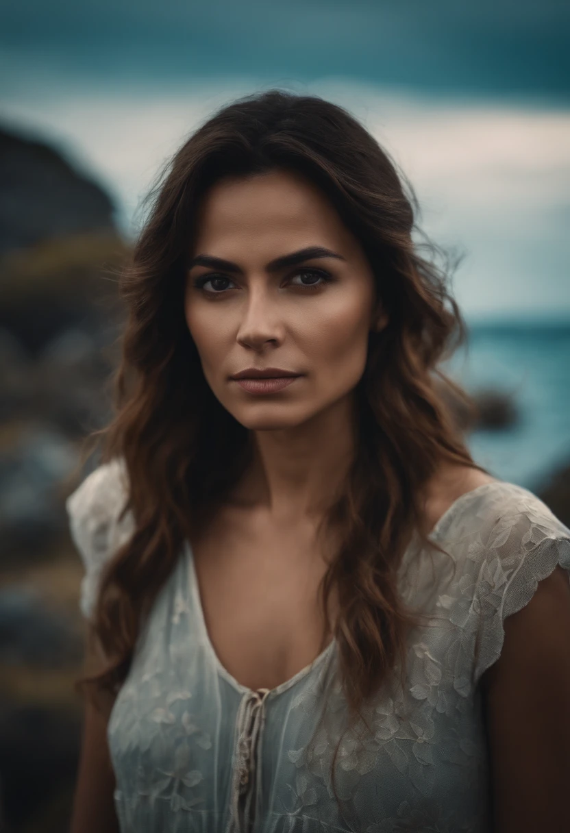 a beautiful woman surrounded by ten thin, ugly men, in an island setting, sea in the background