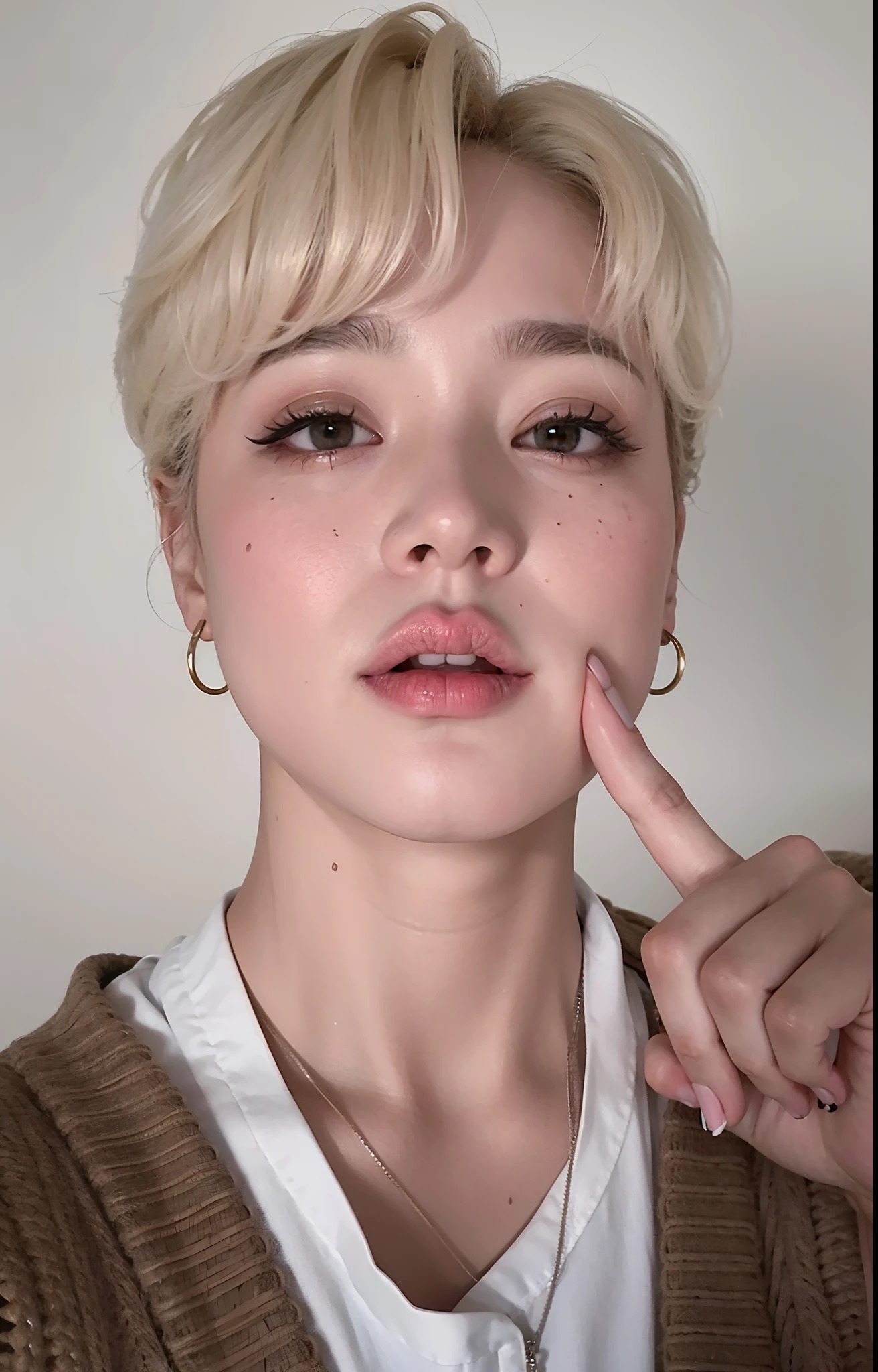 Image of a woman with a finger on her lips, Jimin\Plump lips, Jimin\'s right eyelid swollen, Rosto Jimin preciso, Jimin\nariz grego, Parque Jimin, Jimin, androgynous face, com cabelos curtos, tomboy cabelo platinado curto, androgynous person, Hyung Tae, Retrato de Jossi do Blackpink