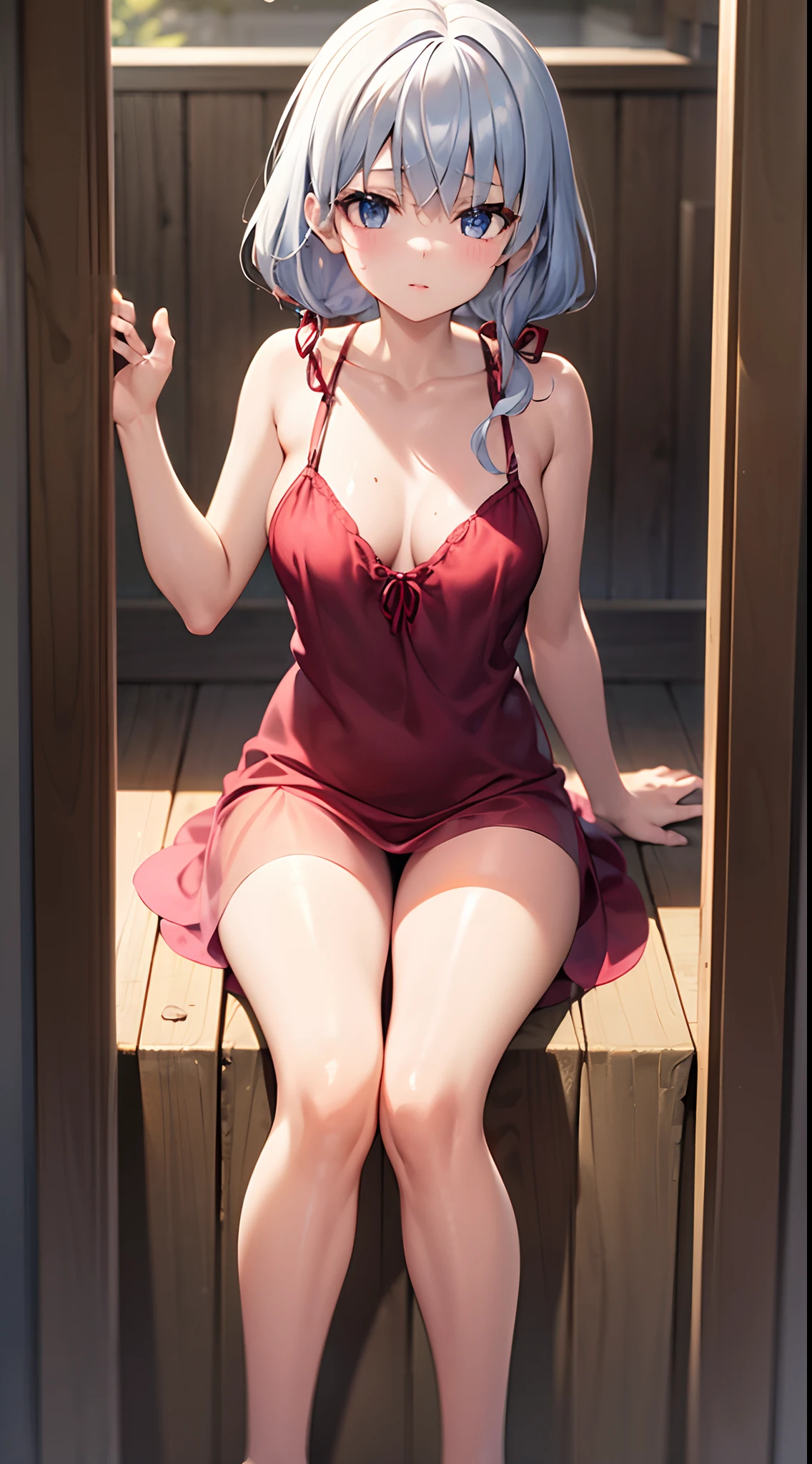 anime styled, Anime Artwork,The ultra -The high-definition,超A high resolution,wink,Clear eyes, Pretty lips, Beautiful girl with well-formed face,long eyelashes, Twin tails tied with a red ribbon,blonde  hair, A begging look, Sheer emerald green short dress in sheer fabric,see -through,The areol, fullnude,bare-legged,Draw the whole body from the top of the head to the toes。A deserted summer coast